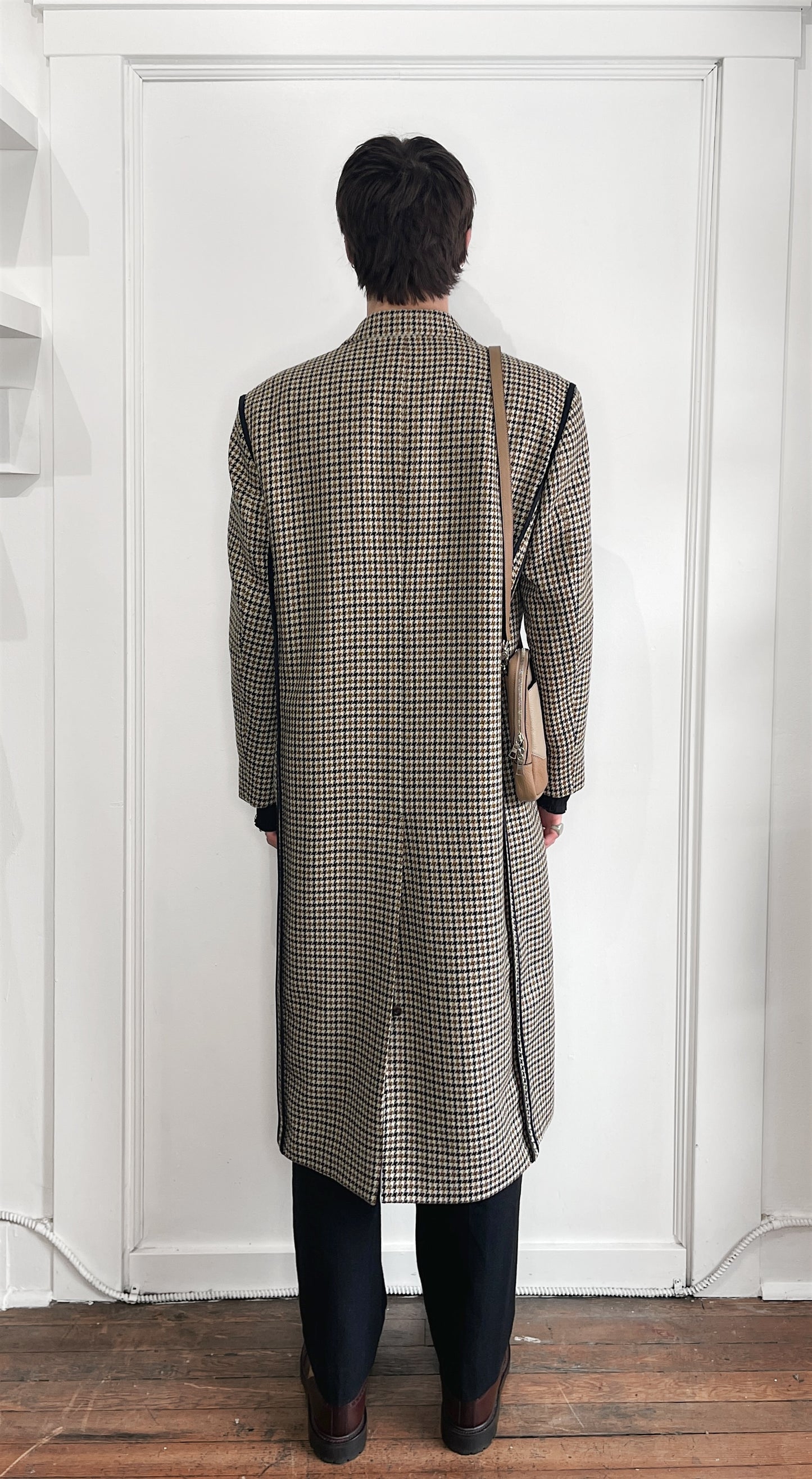 Paul Smith Tan, Cream, & Black Houndstooth Fleece Wool DB Overcoat 40