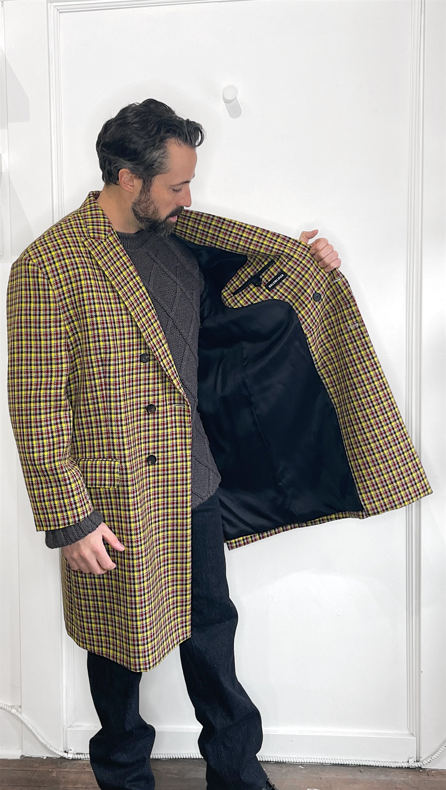 Balenciaga Yellow, Red, & Grey Plaid Wool DB Oversized Overcoat 40