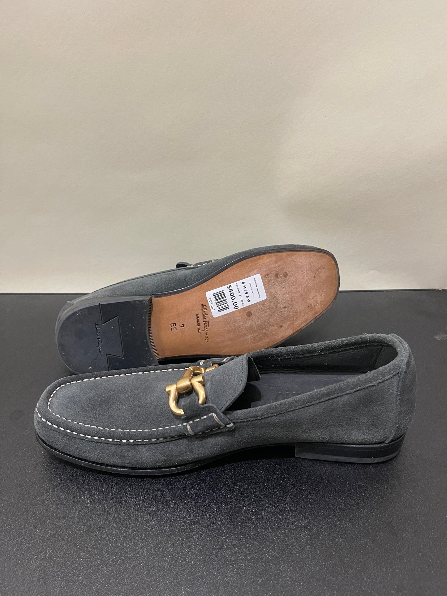 Salvatore Ferragamo Dark Grey Suede Gancini Bit Loafers 8 M / 9.5 W