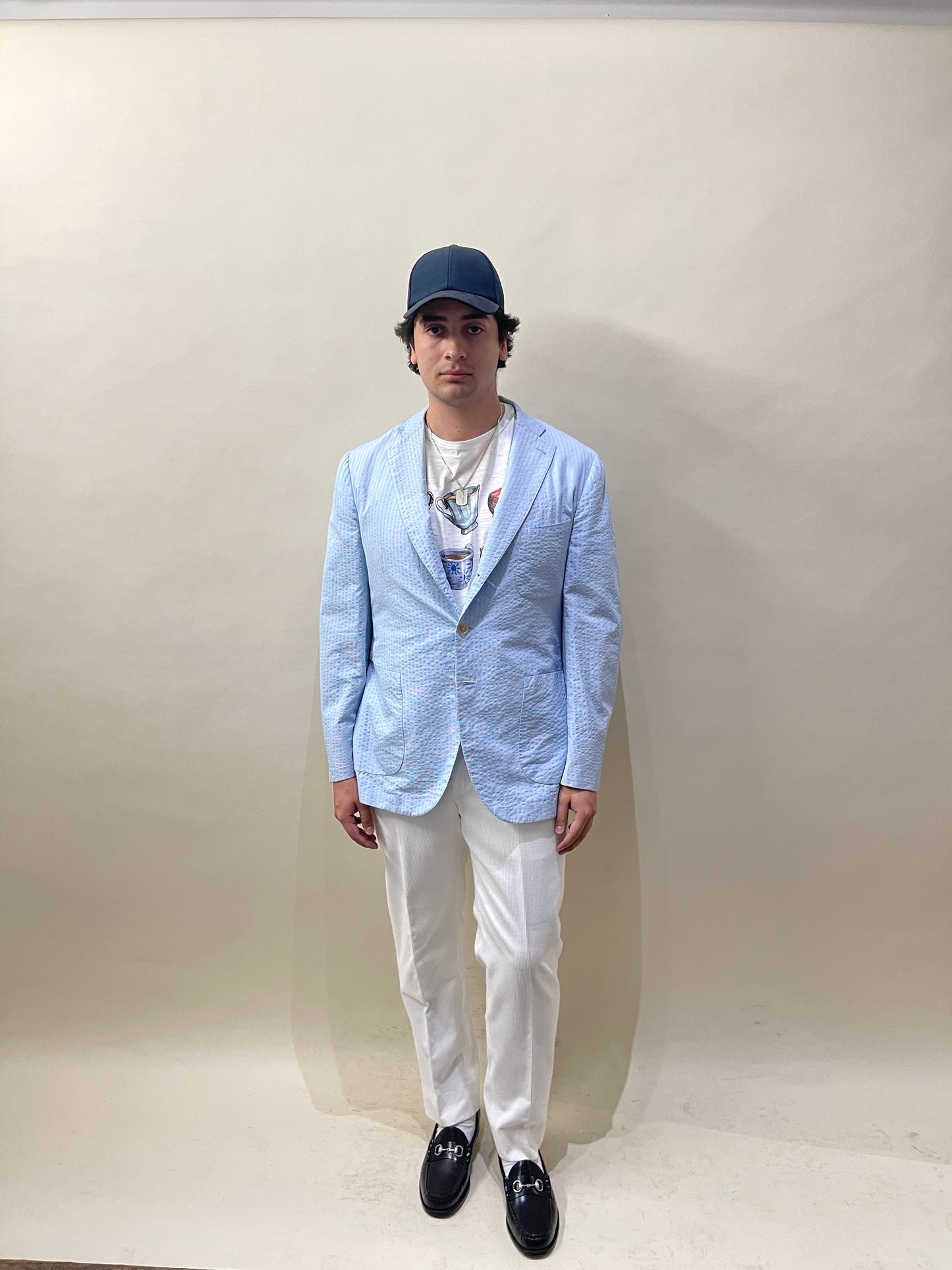 Isaia Light Blue & White Striped Seersucker Cotton Sport Coat 44