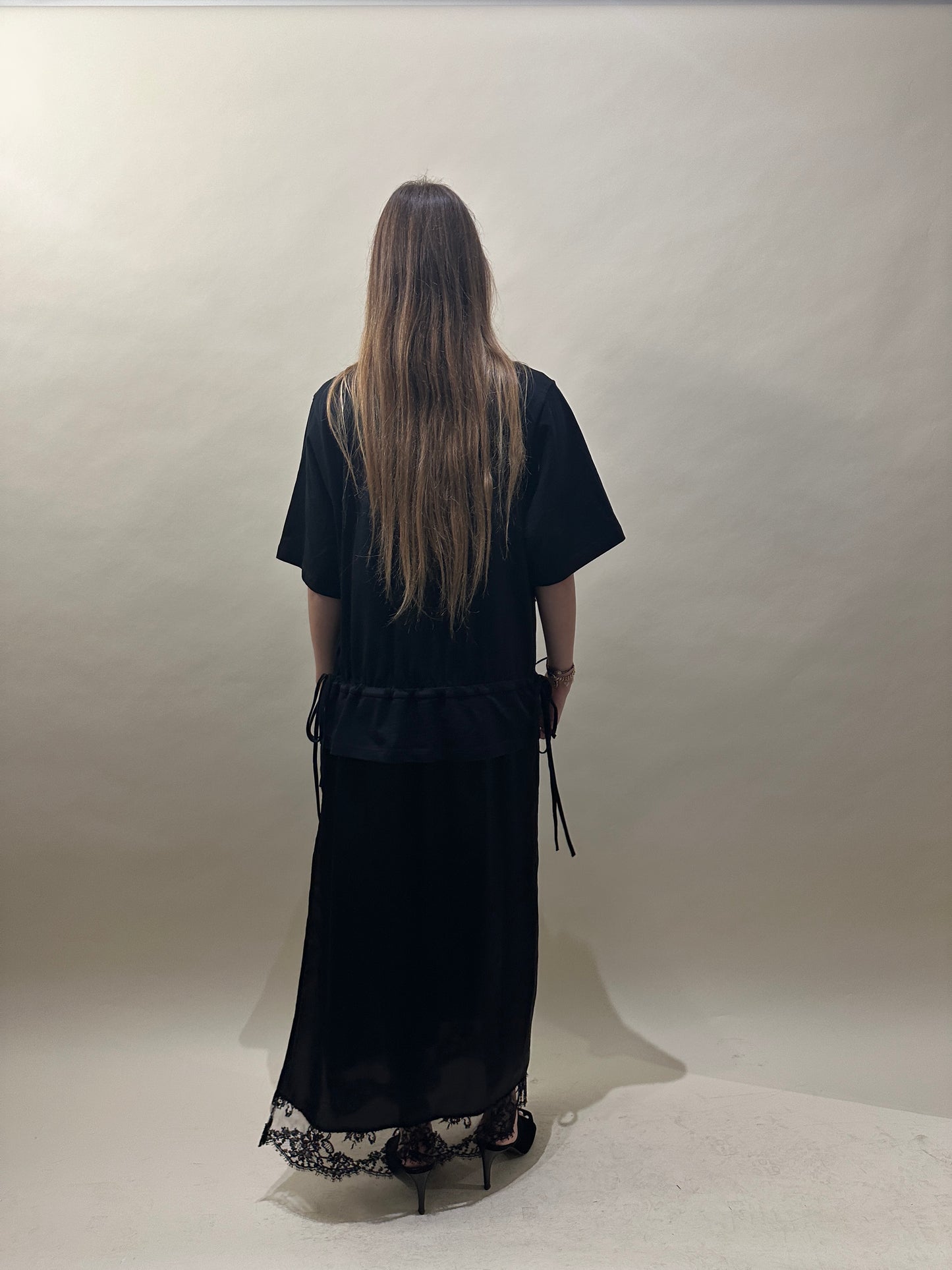 MSGM Black Cotton, Lace, & Satin Layered T-Shirt Dress Large - L