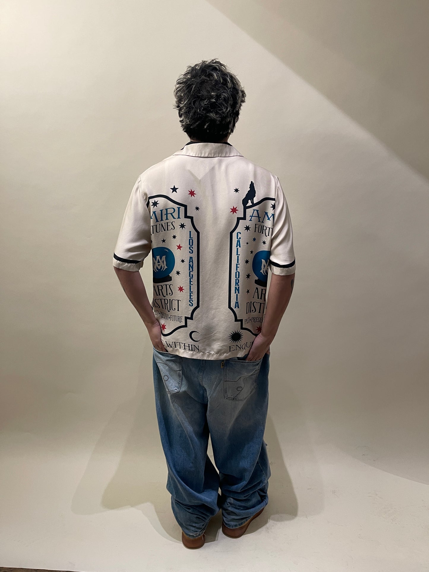 Amiri Cream Silk Fortune Graphic Bowling Shirt XXL