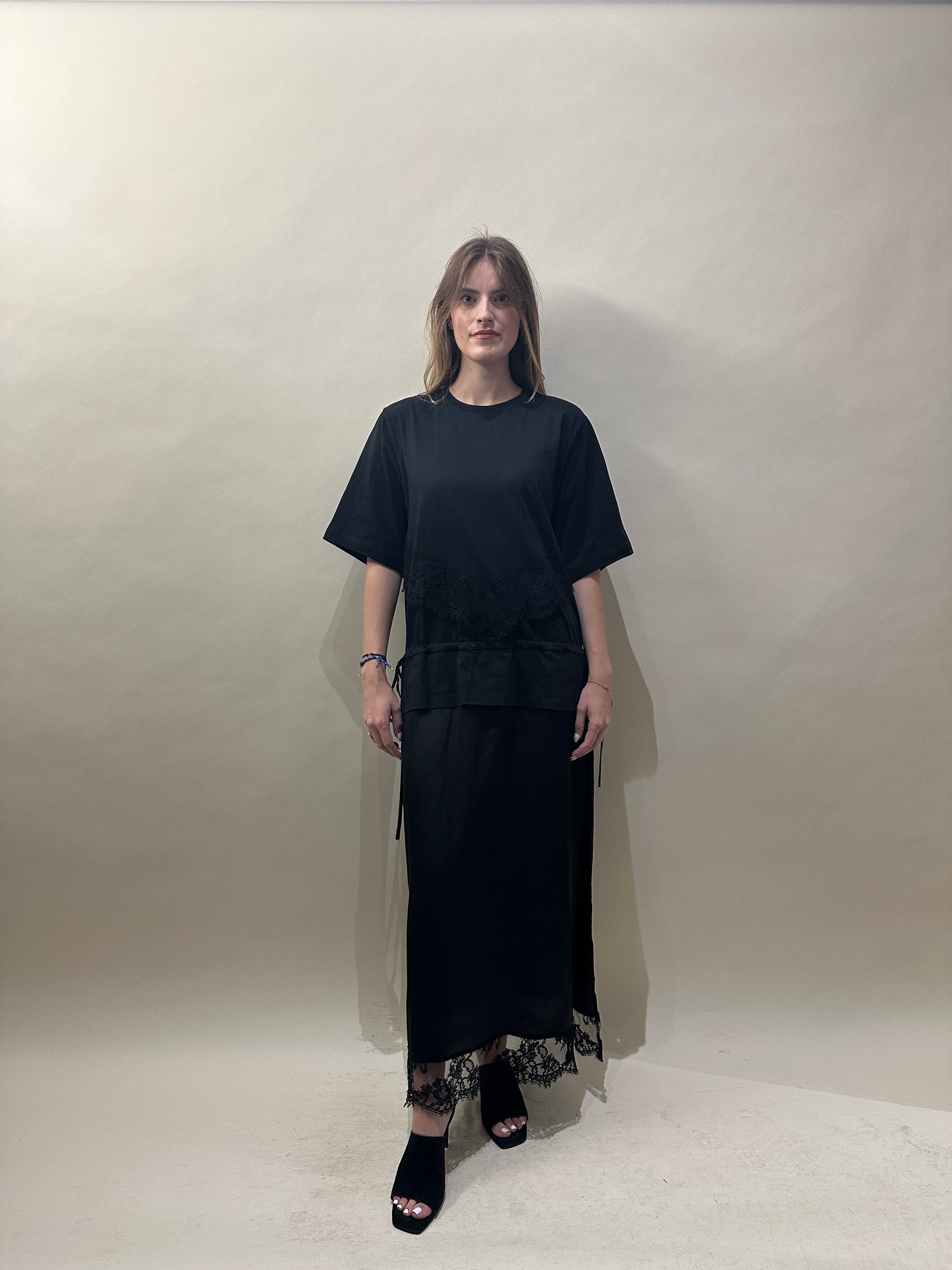 MSGM Black Cotton, Lace, & Satin Layered T-Shirt Dress Large - L