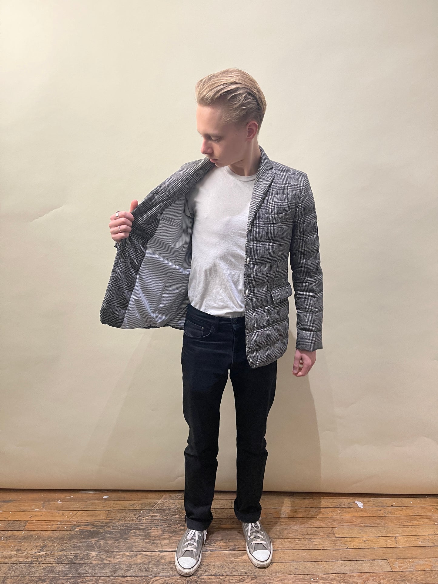 Moncler Gamme Bleu Grey Glen Check Down Filled Sport Coat Medium - M