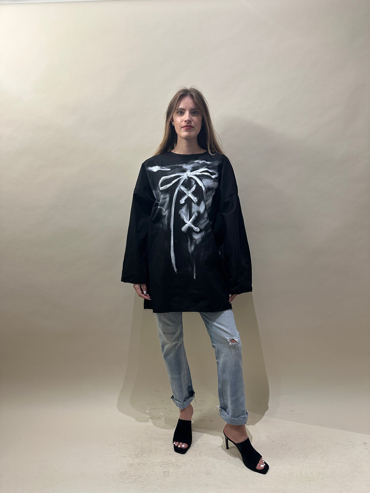 WE11DONE Black Cotton Poplin Raw Edge Graphic LS T-Shirt Large - L