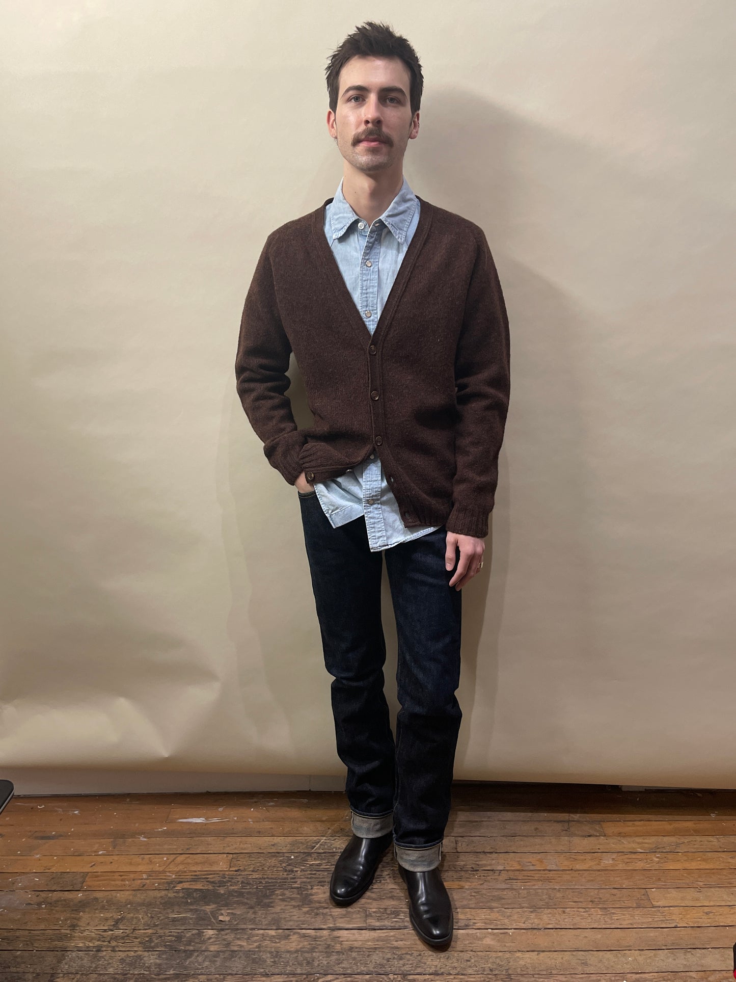 Harley of Scotland Brown Shetland Wool Cardigan Large - L
