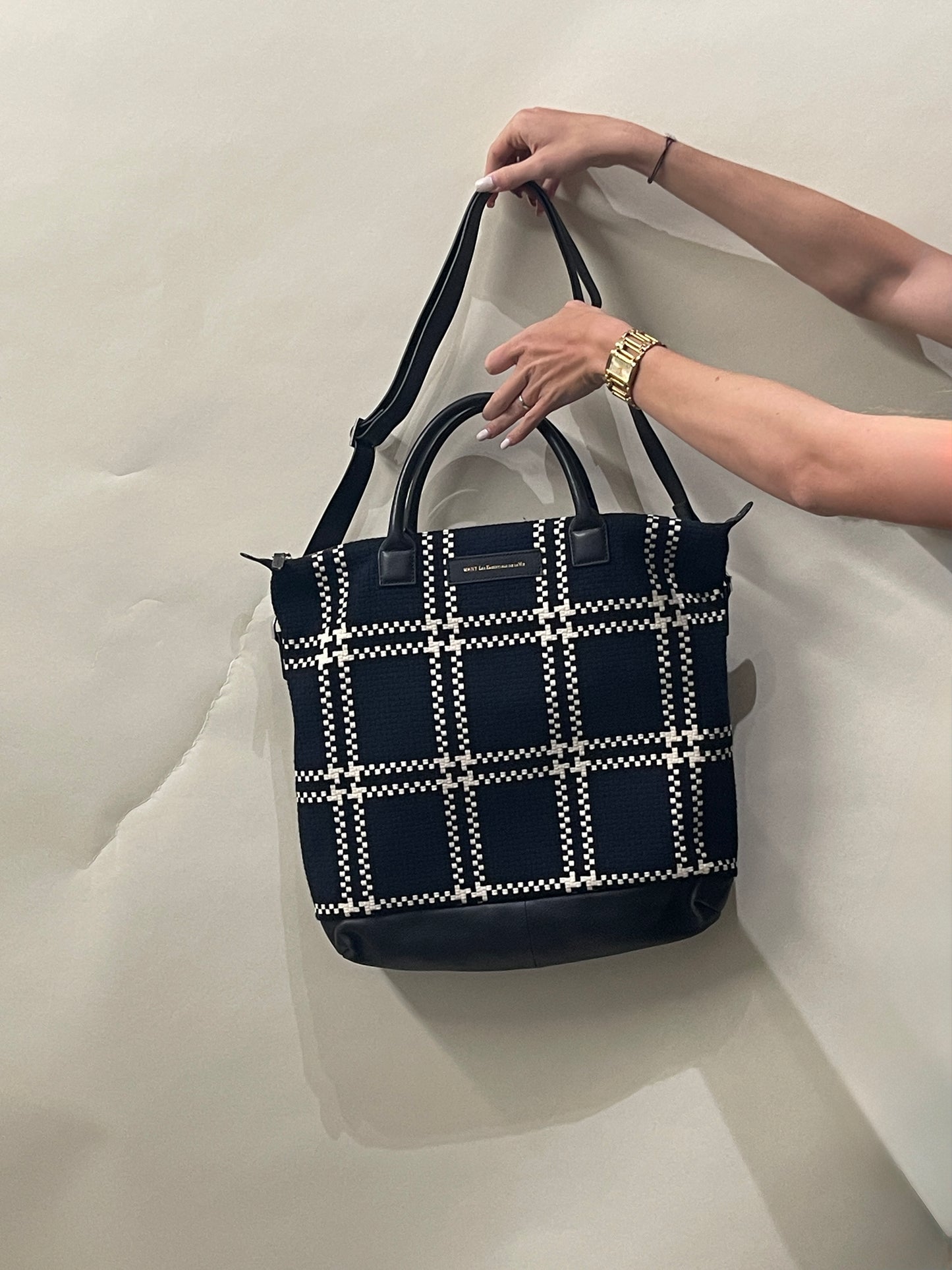 Want Les Essentiels Navy, Black, & White Woven Cotton & Leather Tote Bag