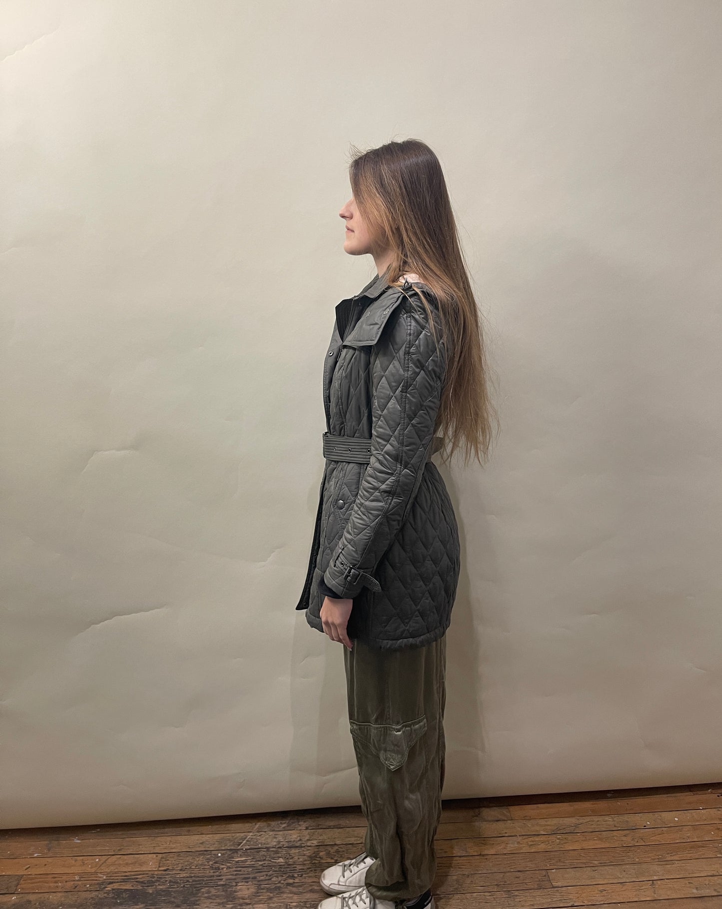 Burberry Sage Green Quilted Nylon Belted Jacket Medium - M