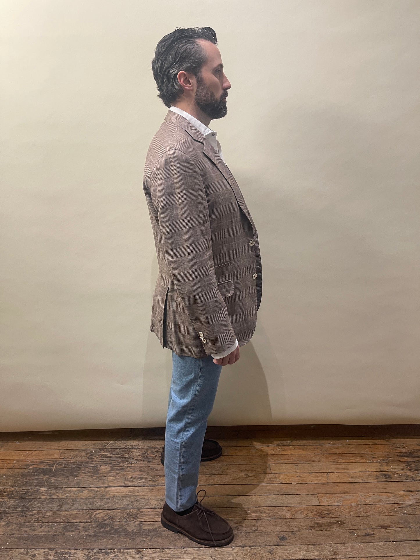 Brunello Cucinelli Beige & Brown Glen Check Linen Wool Silk Sport Coat 44