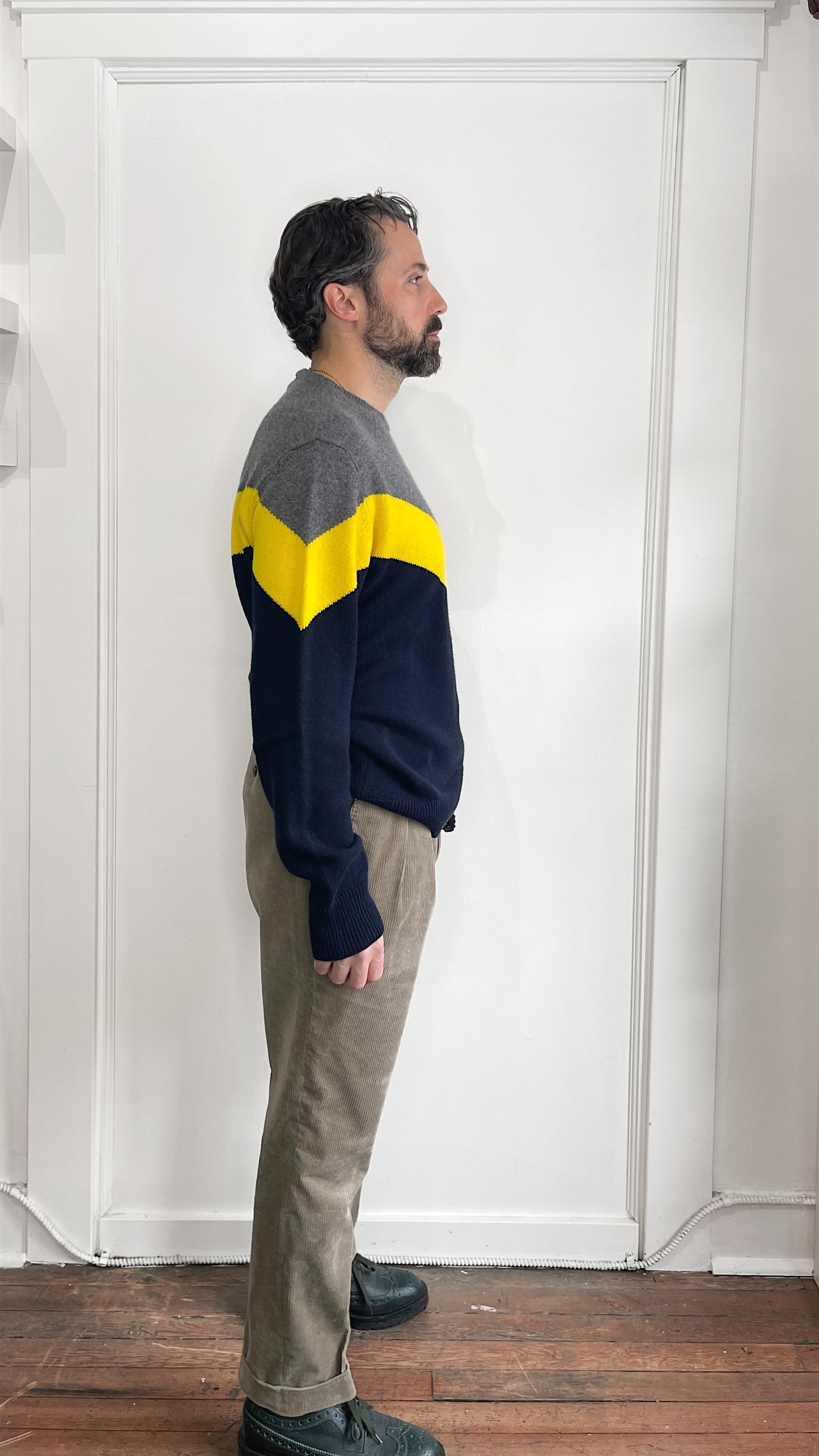 Eleventy Grey, Yellow, & Navy Cashmere Knit Crewneck Sweater XXL