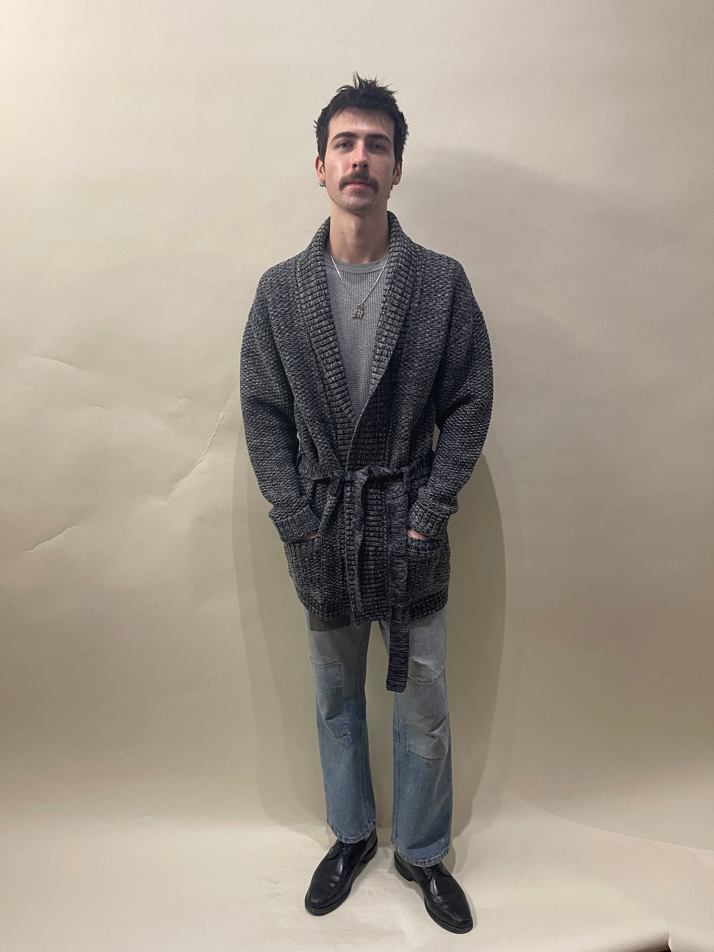 Bleu De Paname Blue & White Melange Wool Belted Cardigan Large - L