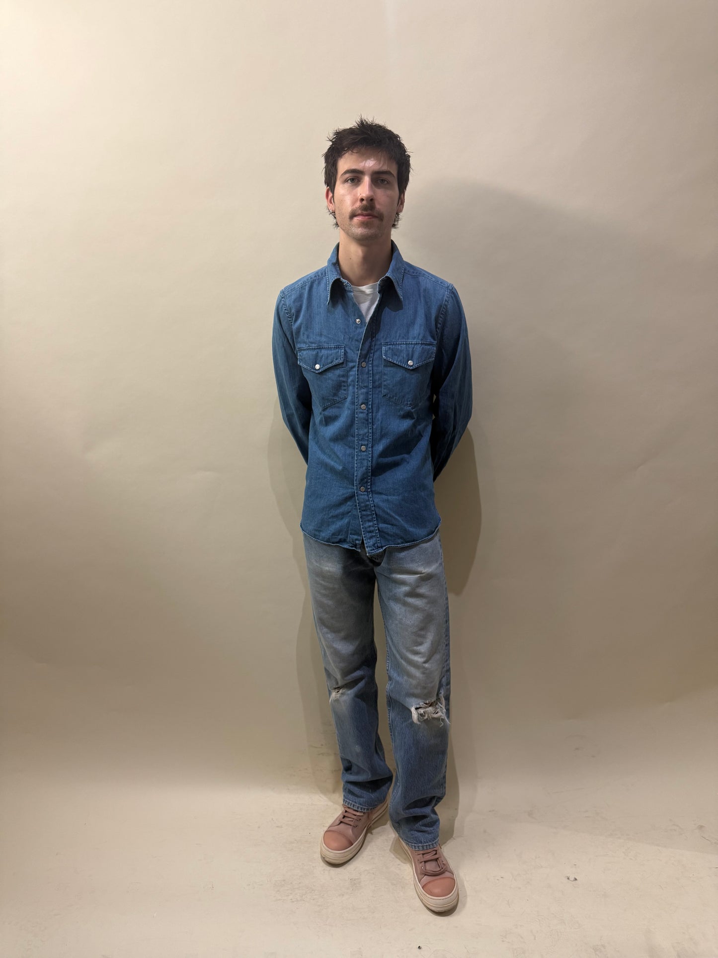 Tom Ford Medium Blue Denim Snap Button LS Shirt 16