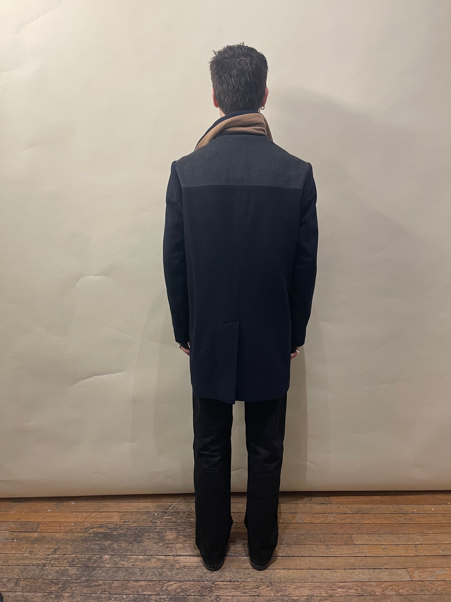 Paul Smith Navy, Grey, & Camel Colour Blocked Wool Blend DB Overcoat Large - L