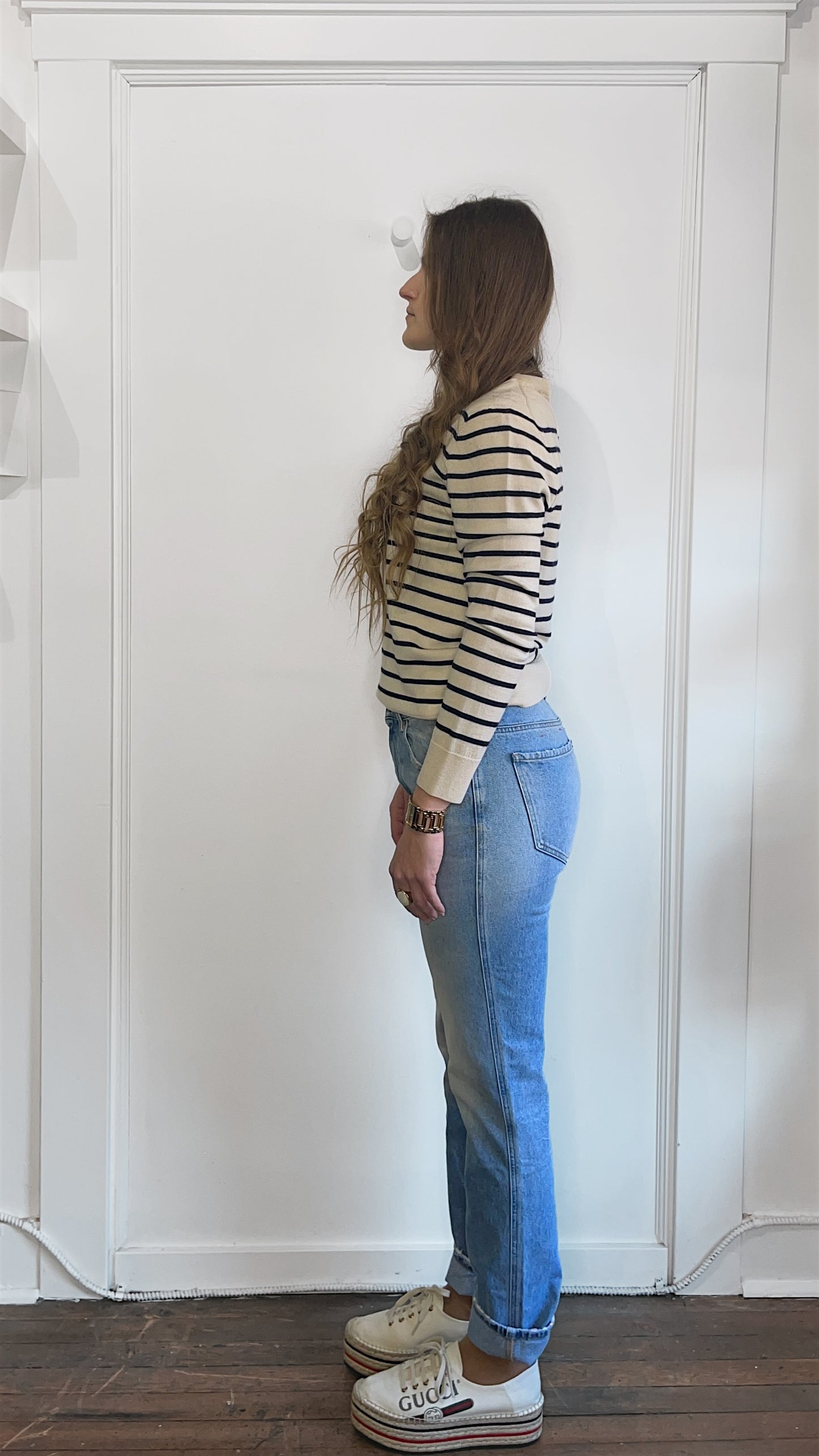 A.P.C. Beige & Navy Striped Lightweight Wool Sweater Small