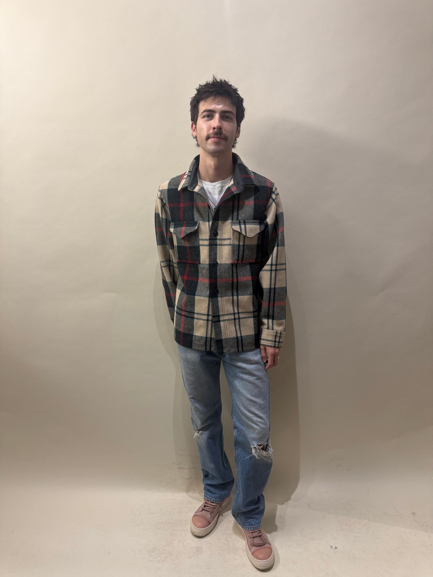 Filson Cream, Blue, & Red Plaid Mackinaw Wool Jac Shirt Small - S