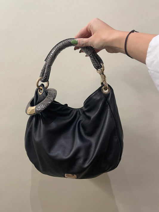 Jimmy Choo Black Leather Snakeskin Trim Sky Hobo Bag