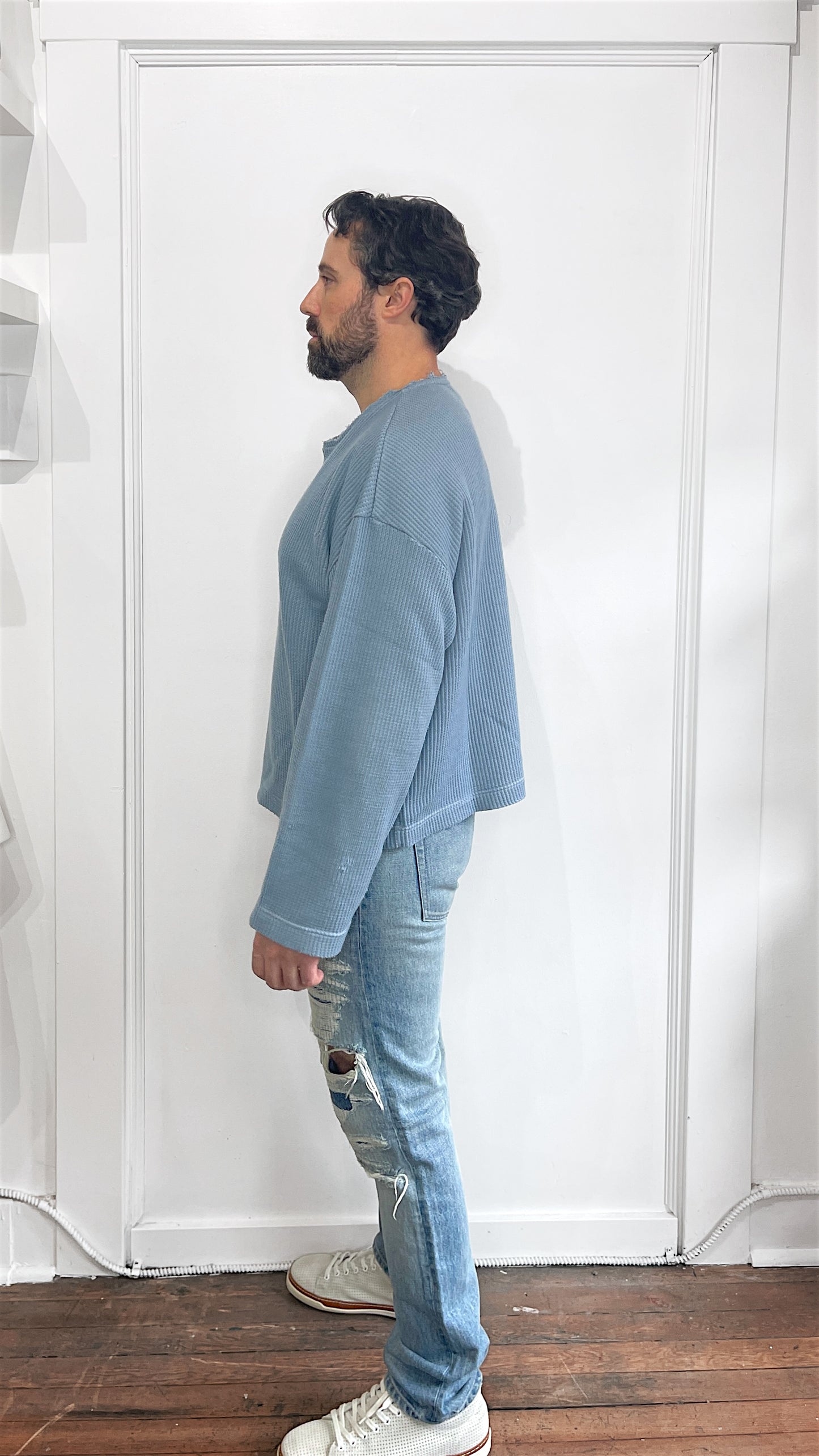 JieDa Light Blue Oversized LS Waffle Shirt Medium