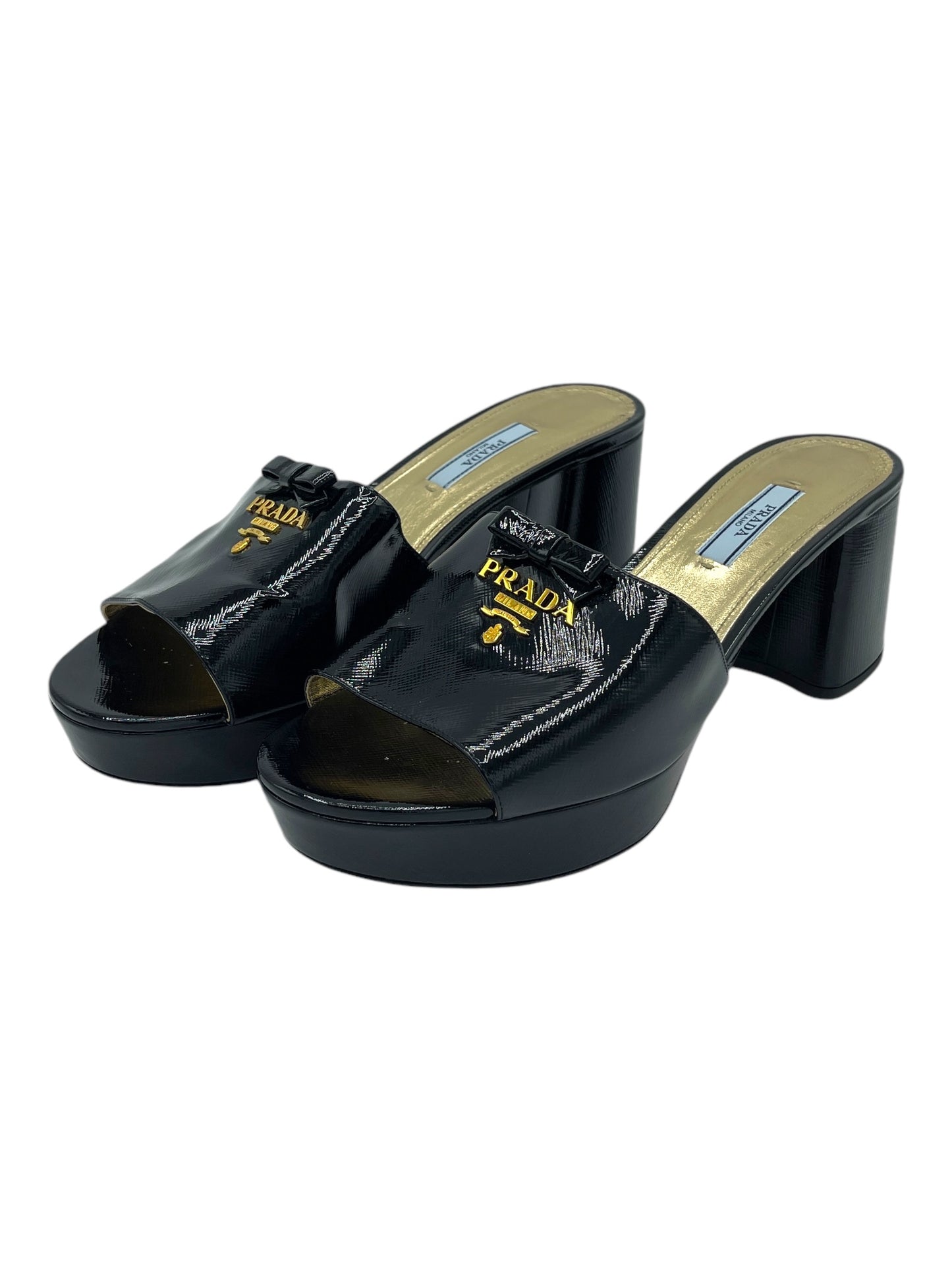 Prada Black Patent Saffiano Platform Logo Heels 7.5 M / 9 W