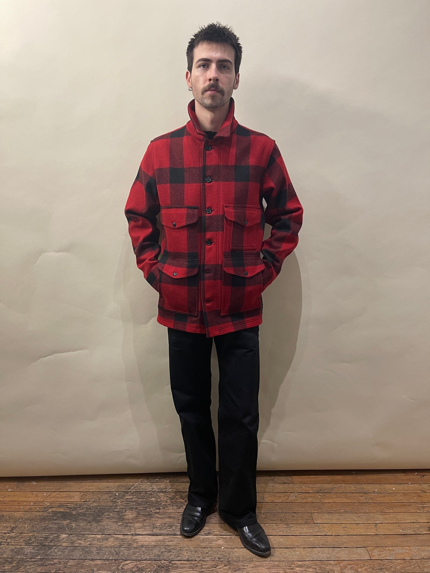 Filson Red & Black Buffalo Check Wool Mackinaw Cruiser Jacket Medium - M