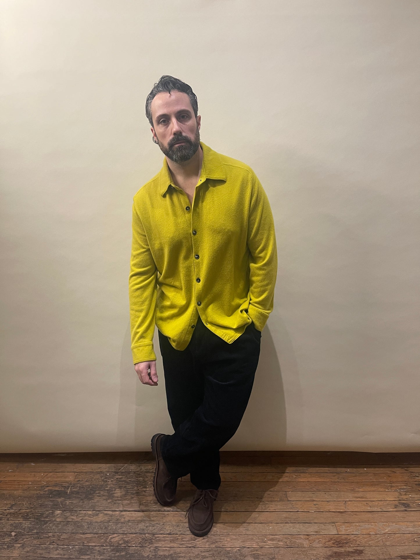 Zegna Acid Green Cashmere Knit Collared Cardigan 42