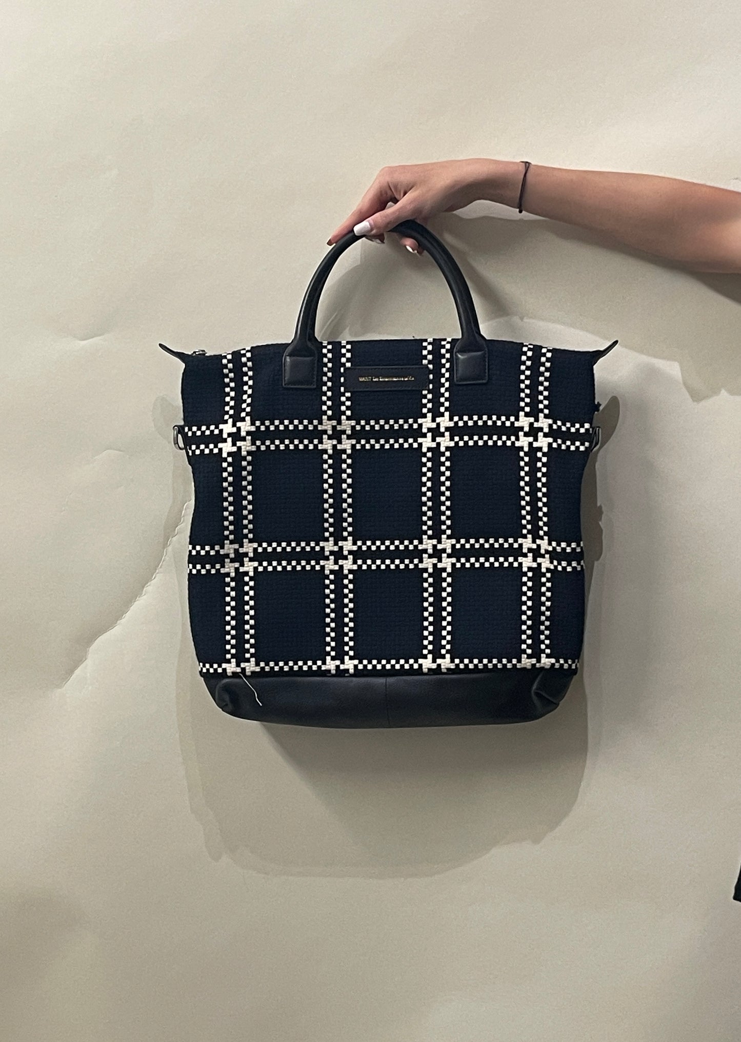 Want Les Essentiels Navy, Black, & White Woven Cotton & Leather Tote Bag