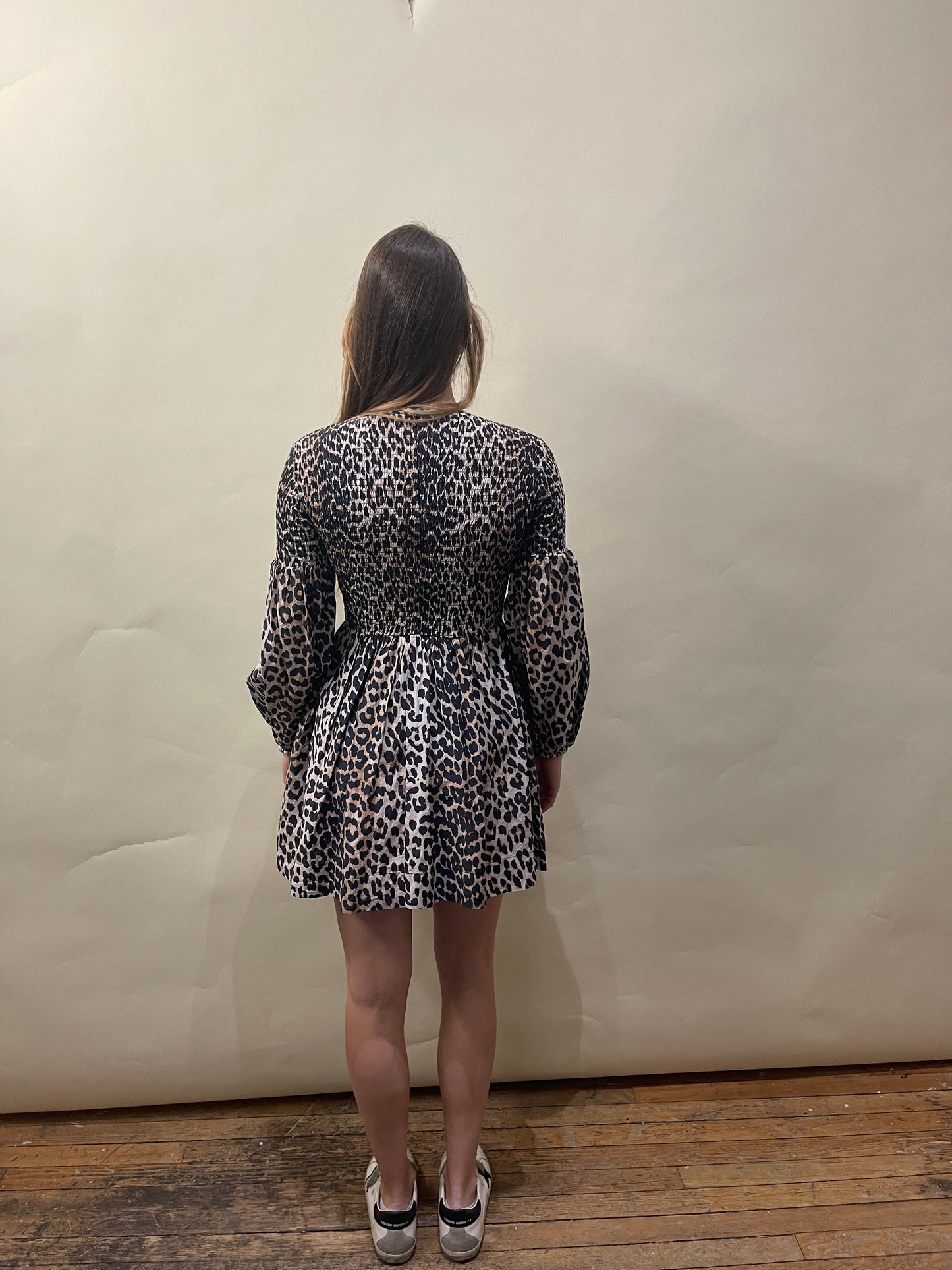 Ganni Leopard Print Cotton Silk Long Sleeve Midi Dress 34