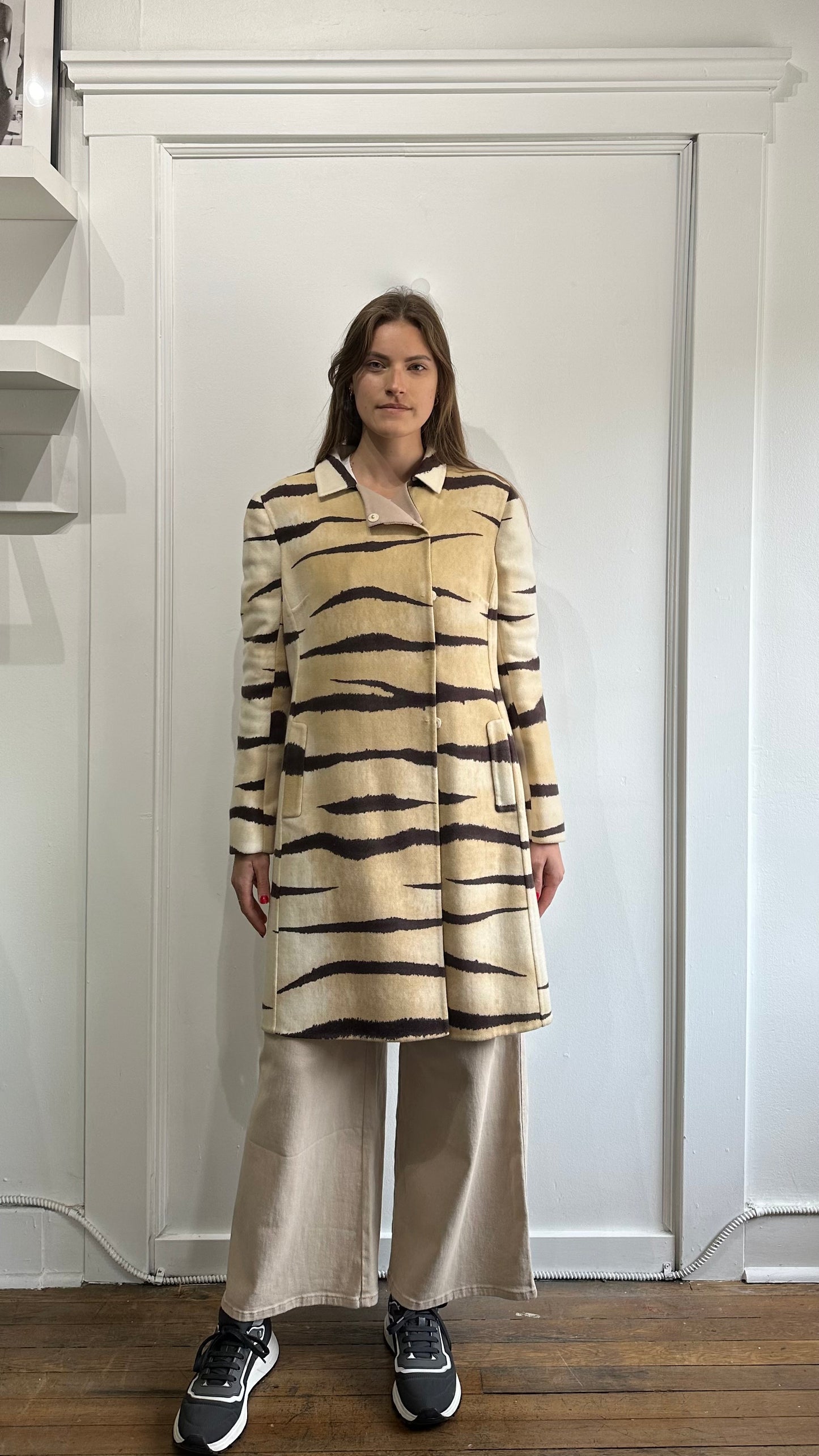 Valentino Tan & Brown Tiger Stripe Fleece Wool Overcoat 44