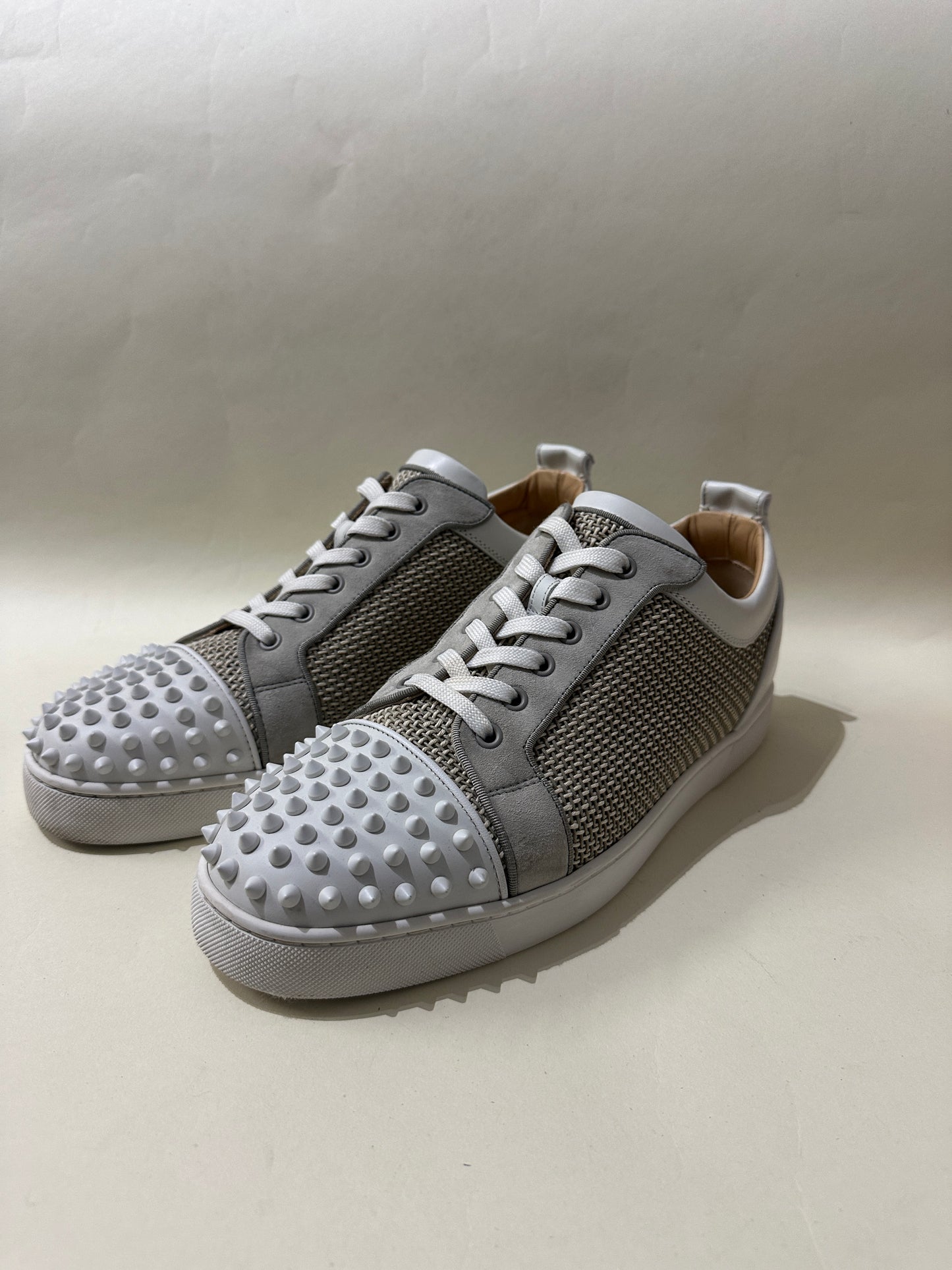 Christian Louboutin White & Beige Woven Louis Junior Spikes Sneakers 12 M / 13.5 W