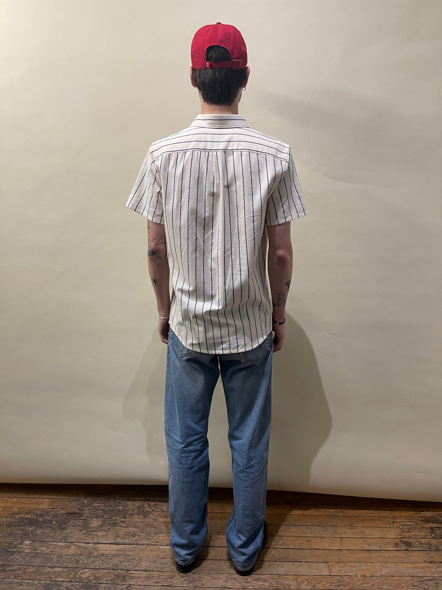 A.P.C. Bone & Blue Striped Textured Cotton SS Button Up Shirt Small - S