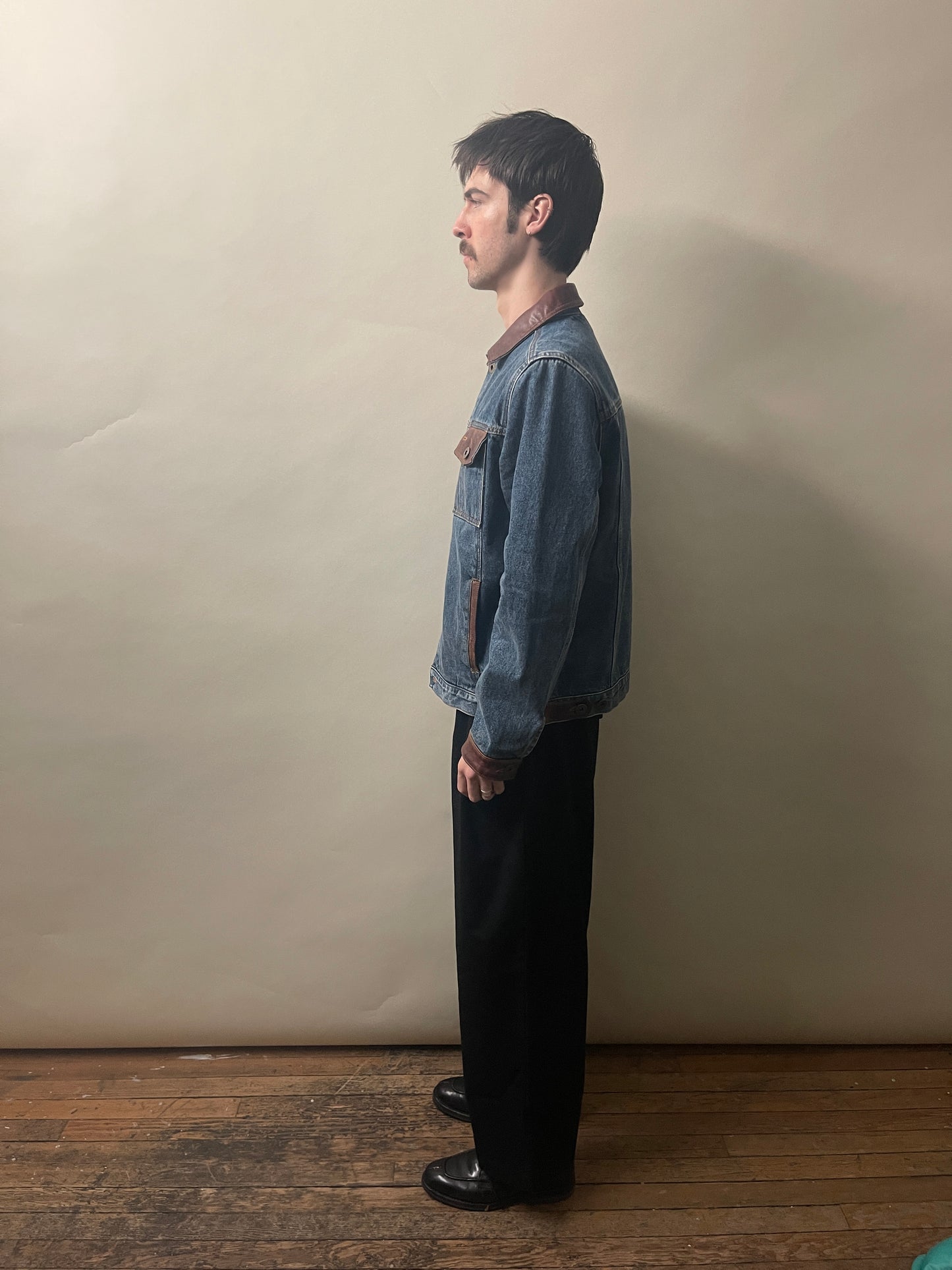 Mavericks of Scottsdale Mid Blue & Brown Denim & Leather Trucker Jacket Medium - M