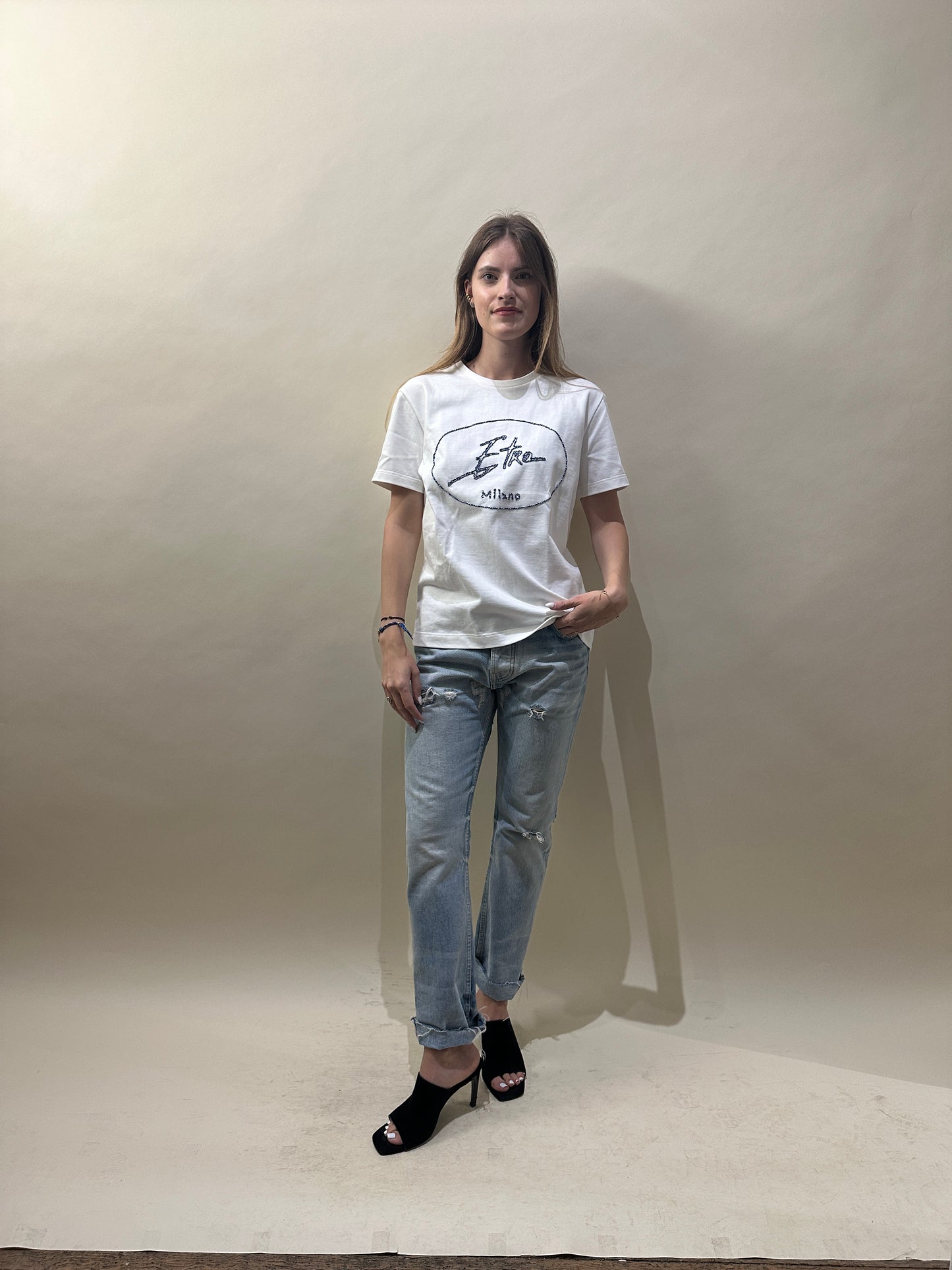 Etro White Cotton Embroidered Logo T-Shirt Small - S
