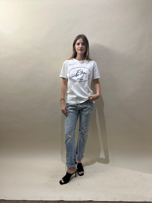 Etro White Cotton Embroidered Logo T-Shirt Small - S
