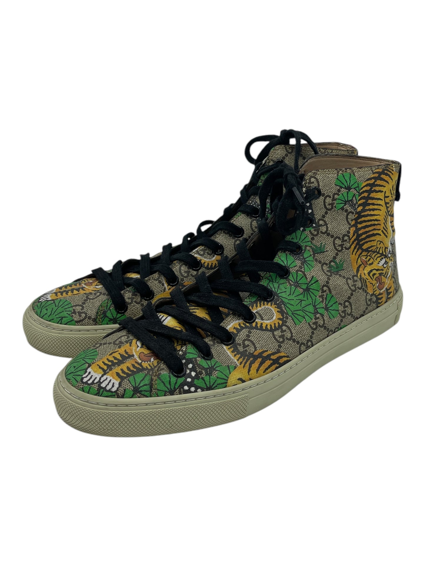 Gucci Tan, Green & Orange Monogram Tiger Print Coated Canvas High Top Sneakers 8 M / 9.5 W