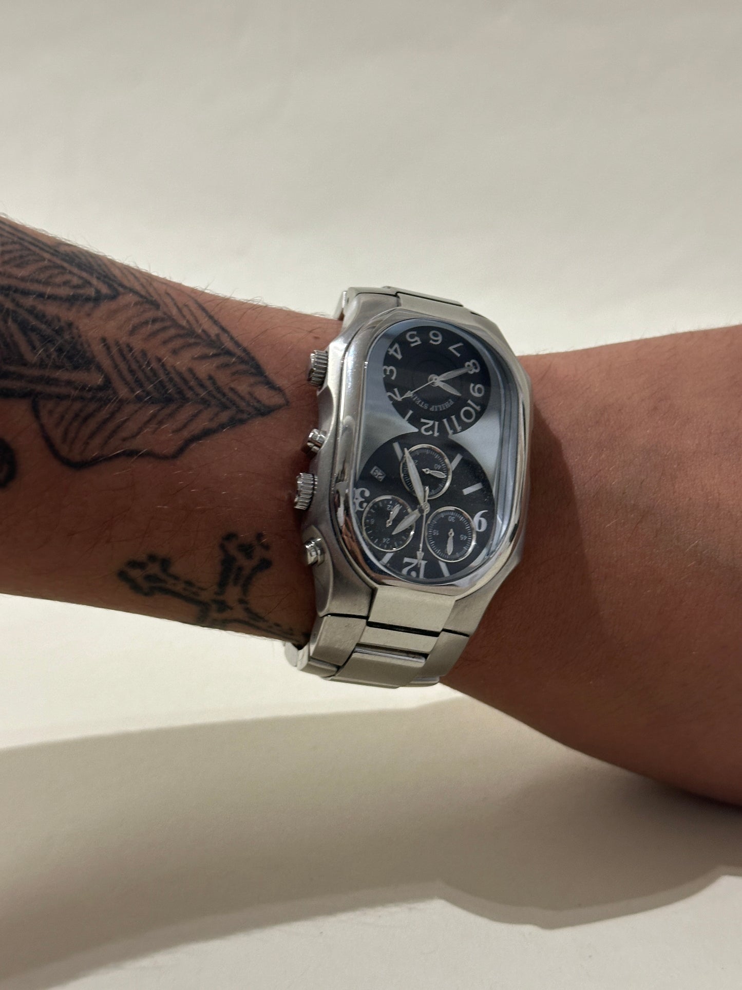 Philip Stein Silver & Black Teslar Quartz Dual Time Watch