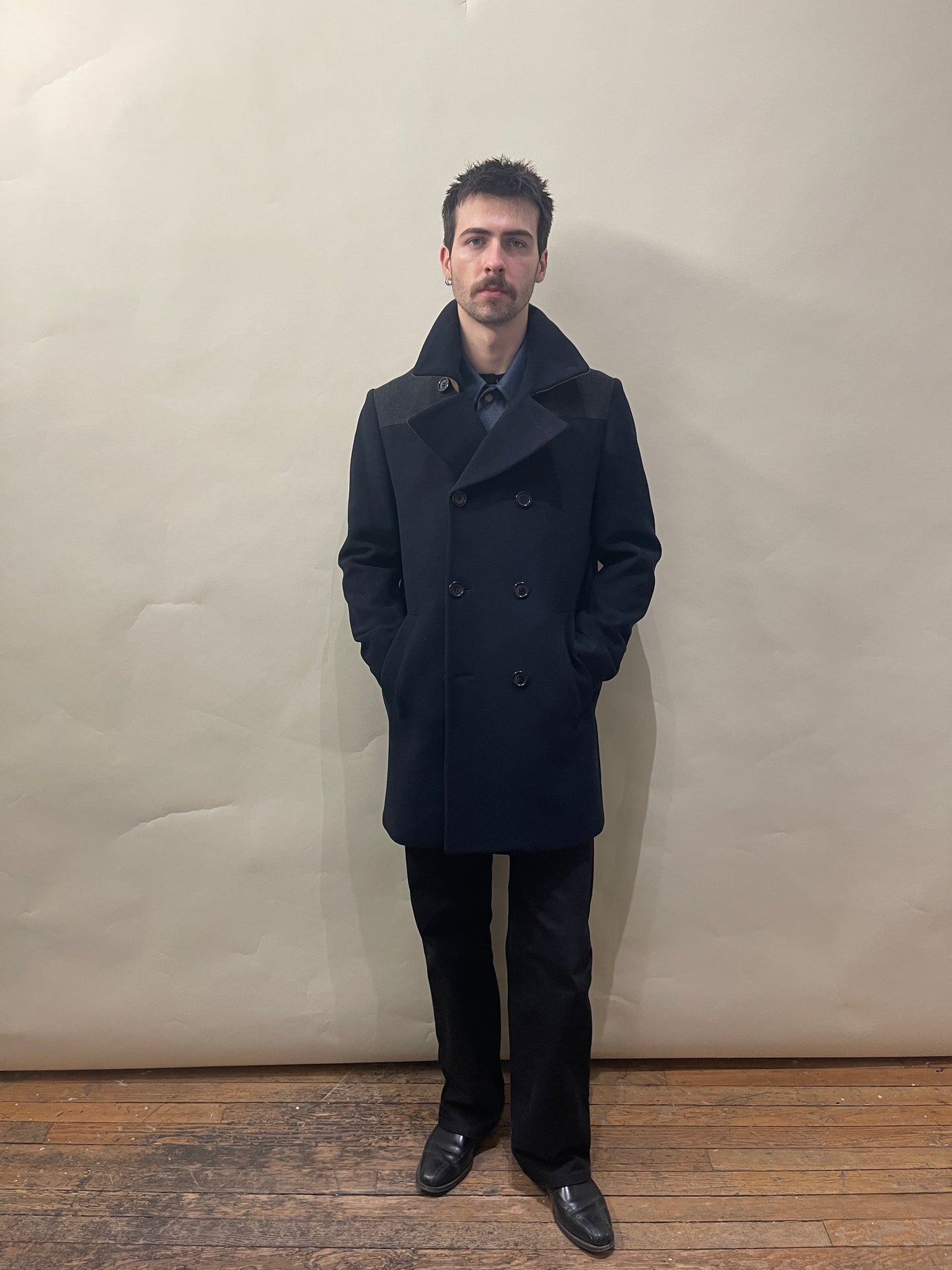 Paul Smith Navy, Grey, & Camel Colour Blocked Wool Blend DB Overcoat Large - L