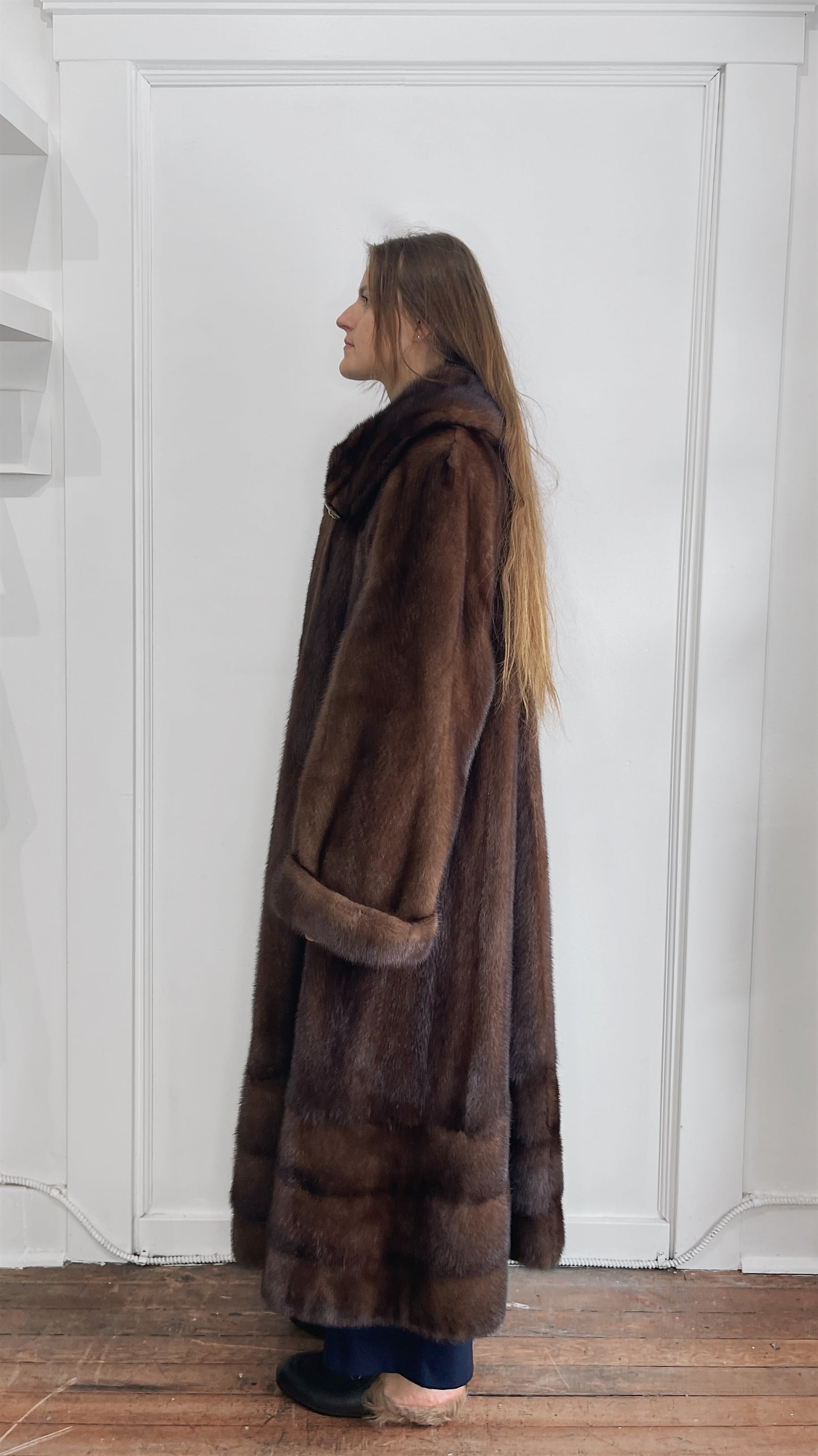 Saga Mink Brown Mink Fur Full Length Overcoat Large