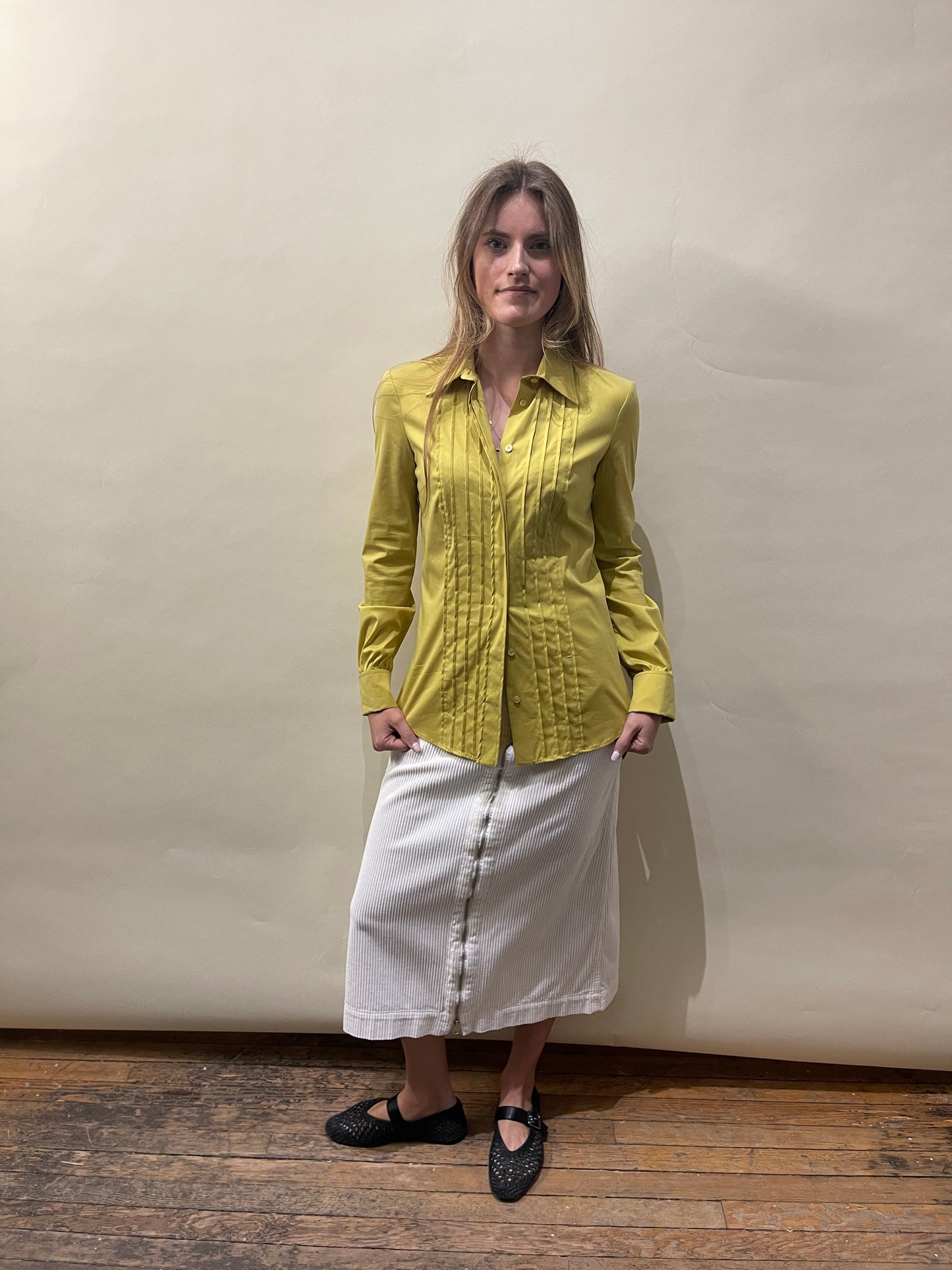 Gucci Yellow-Green Pleated Front LS Button Up Shirt 40
