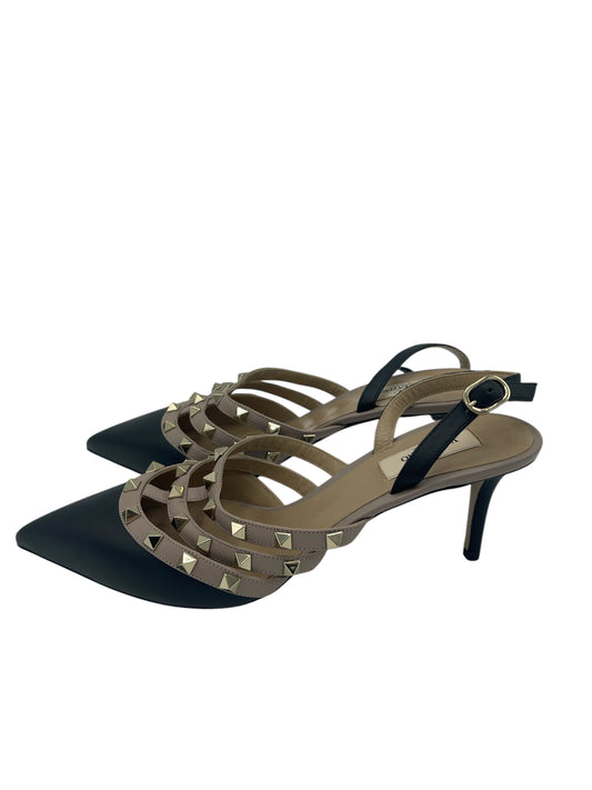 Valentino Black & Beige Leather Rockstud Caged Slingback Pumps