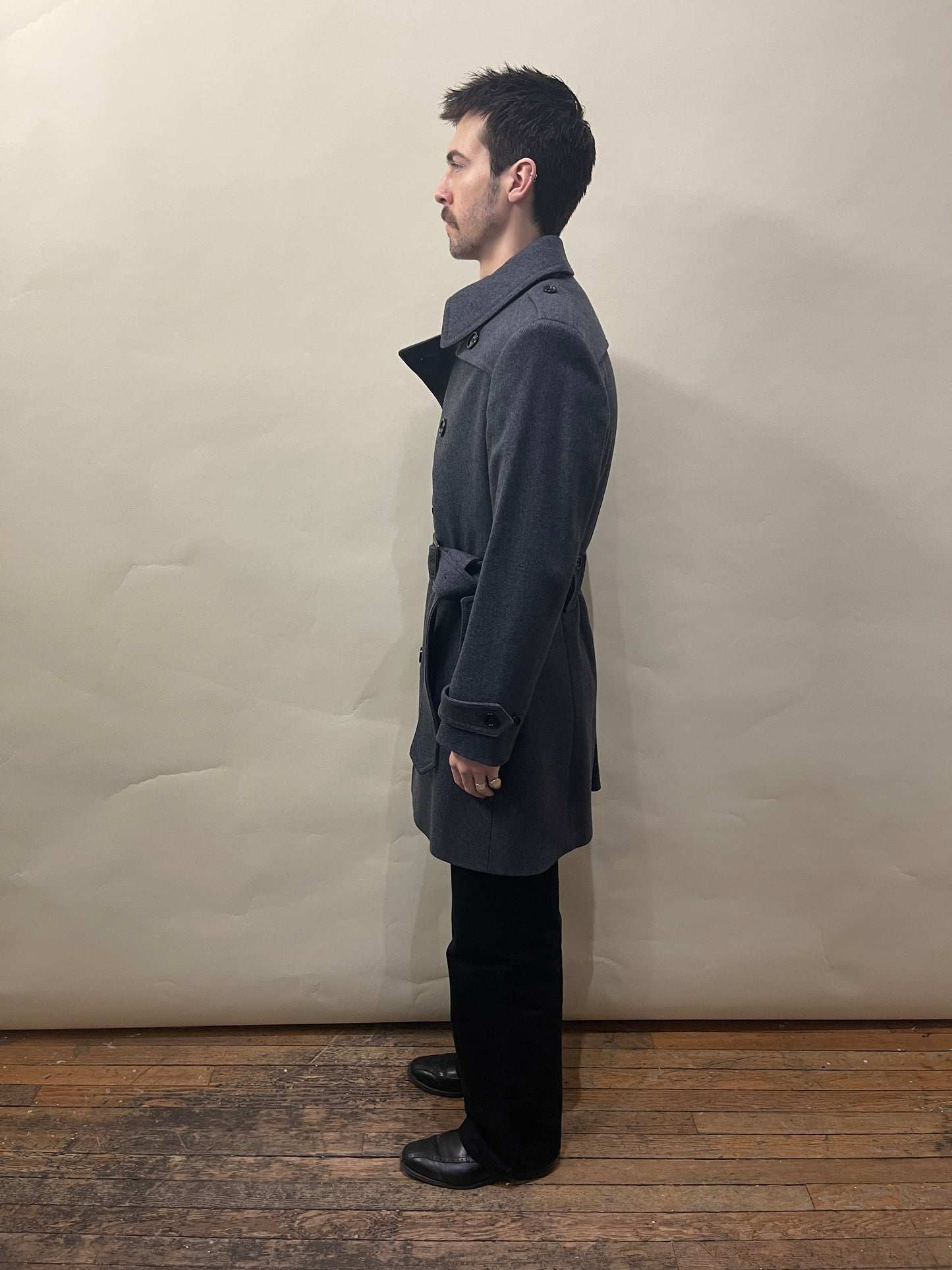 Burberry Dark Grey Wool Blend DB Belted Overcoat 42