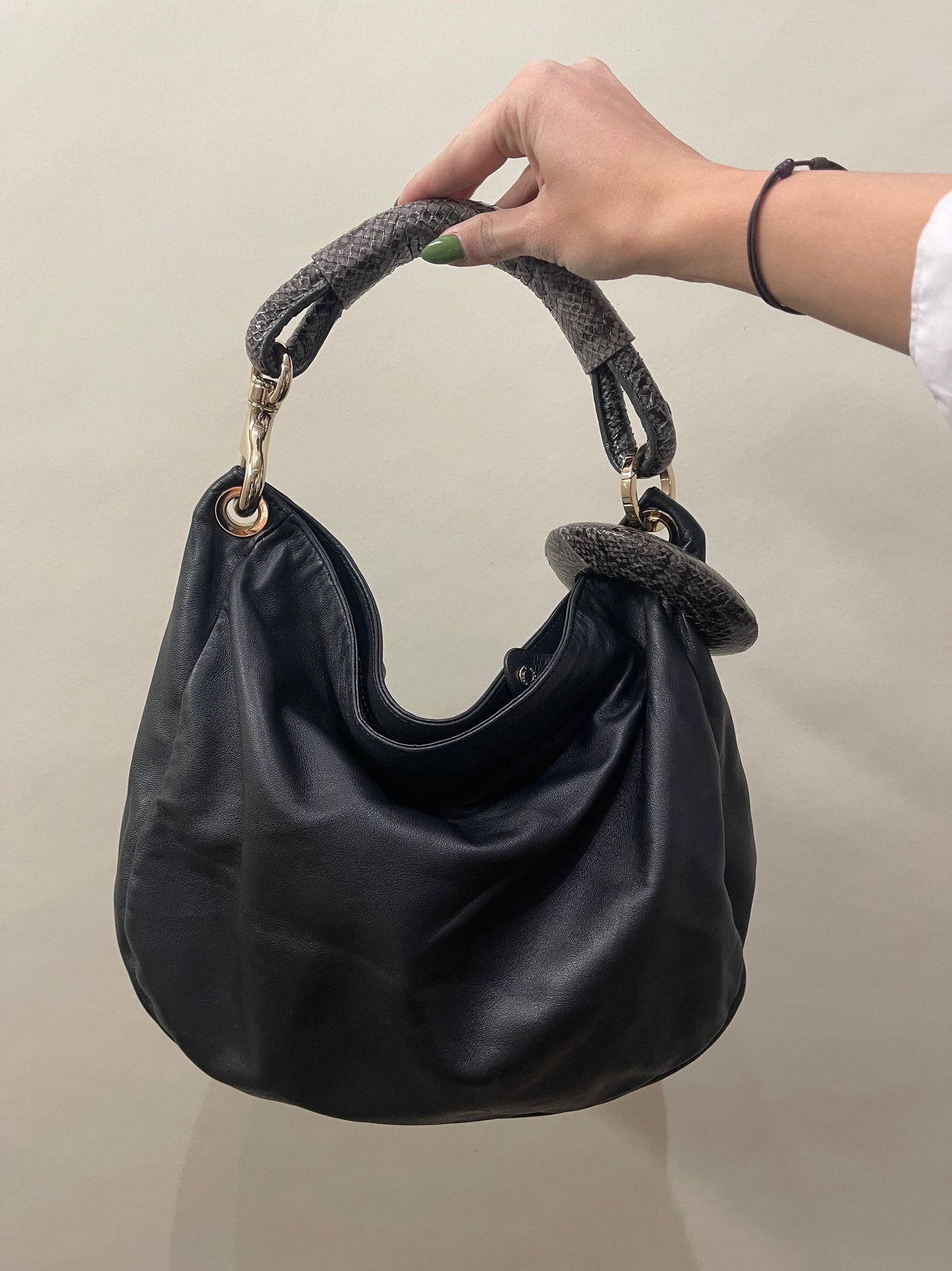 Jimmy Choo Black Leather Snakeskin Trim Sky Hobo Bag