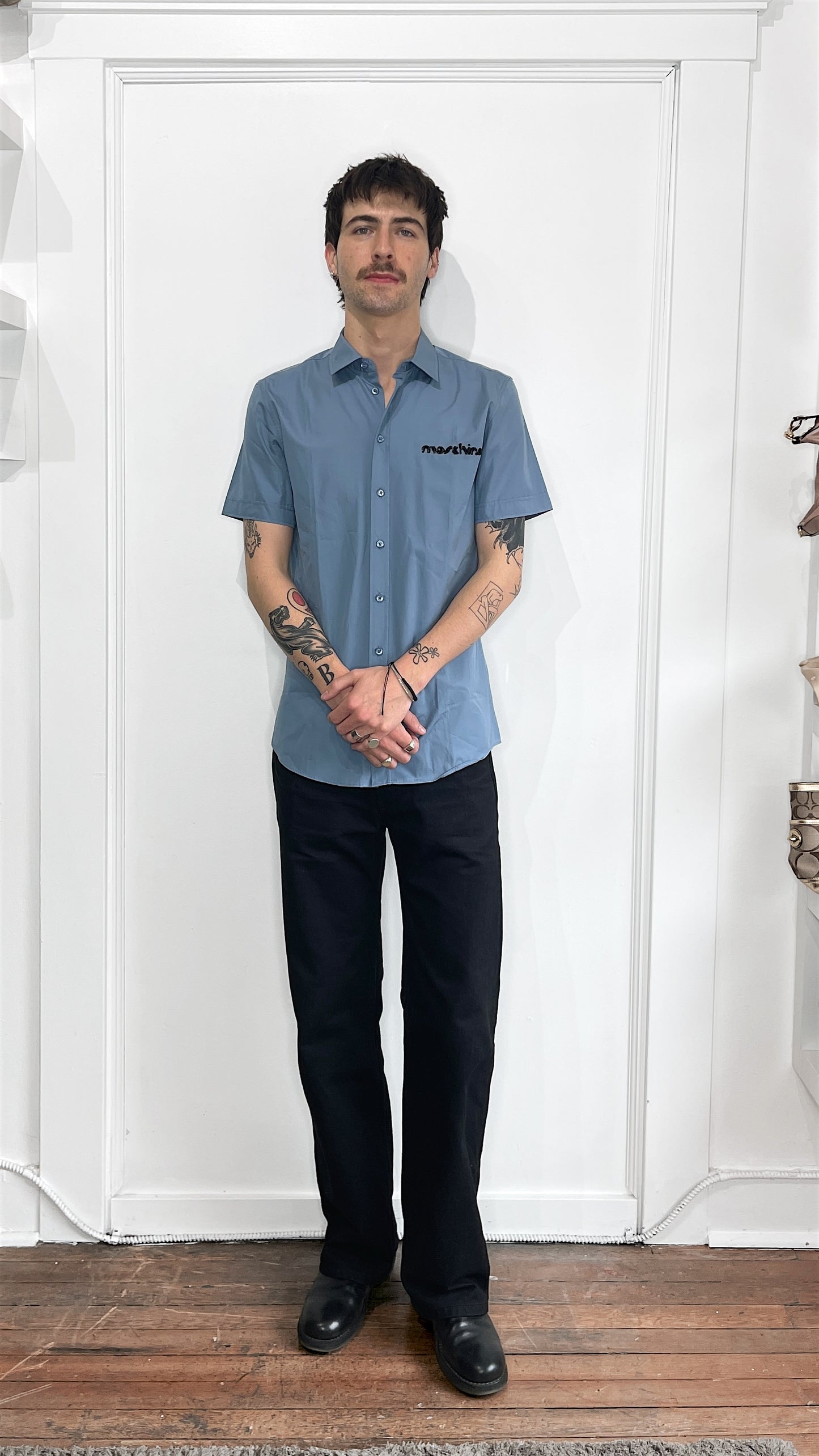 Moschino Baby Blue Chest Logo SS Button Up Shirt 15.5