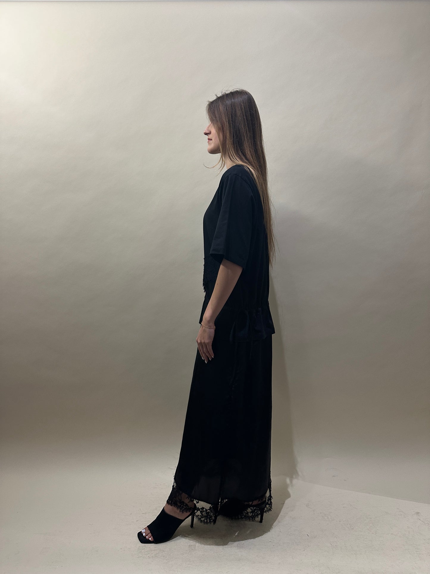 MSGM Black Cotton, Lace, & Satin Layered T-Shirt Dress Large - L