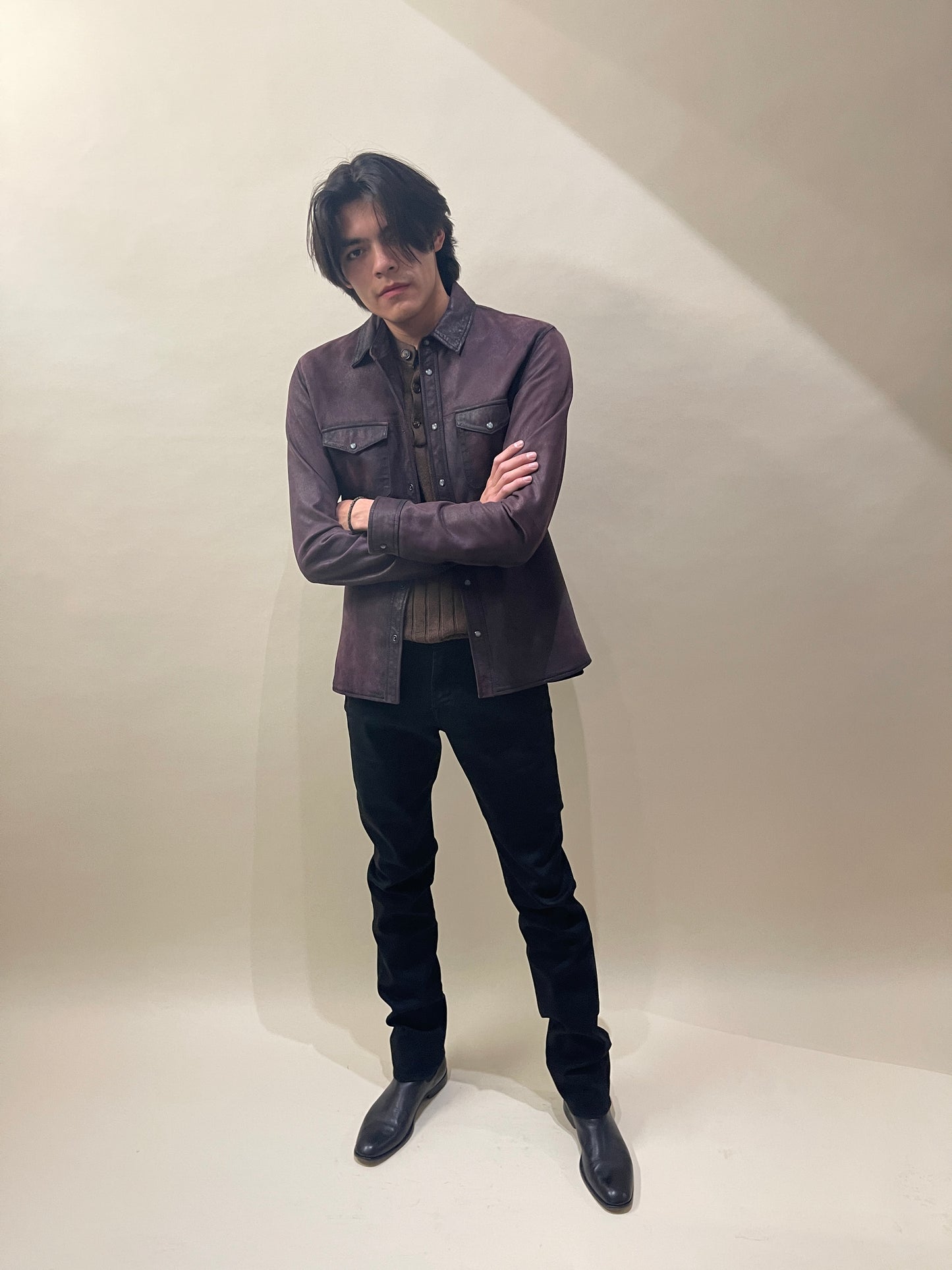 John Varvatos Purple Blistered Leather Shirt Jacket 40