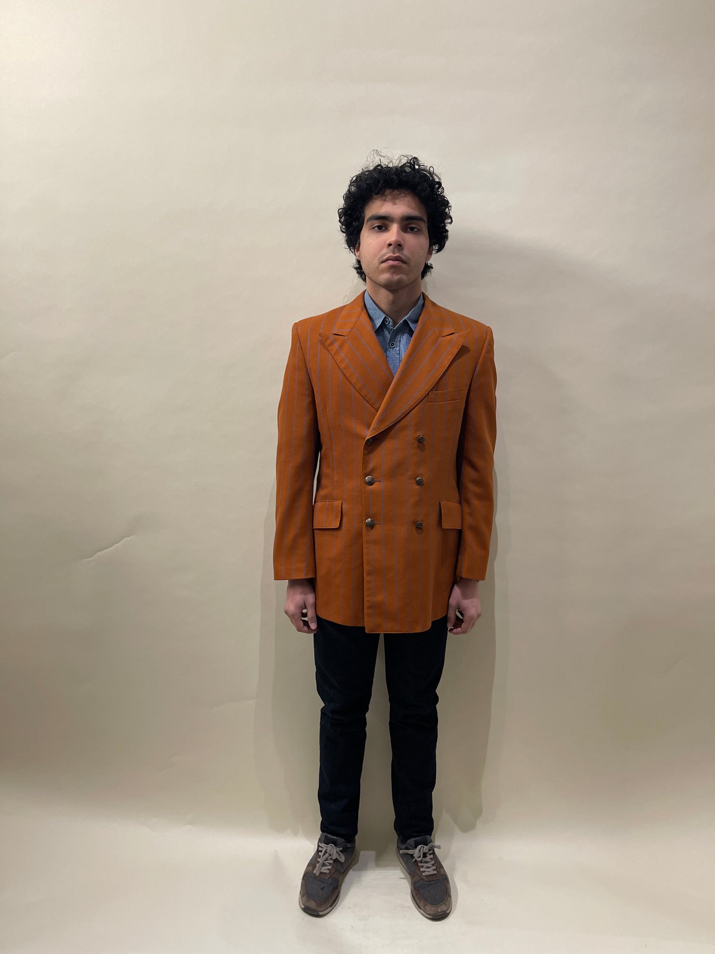The Klothes Kloset Burnt Orange & Blue Striped Wool DB Sport Coat 38L