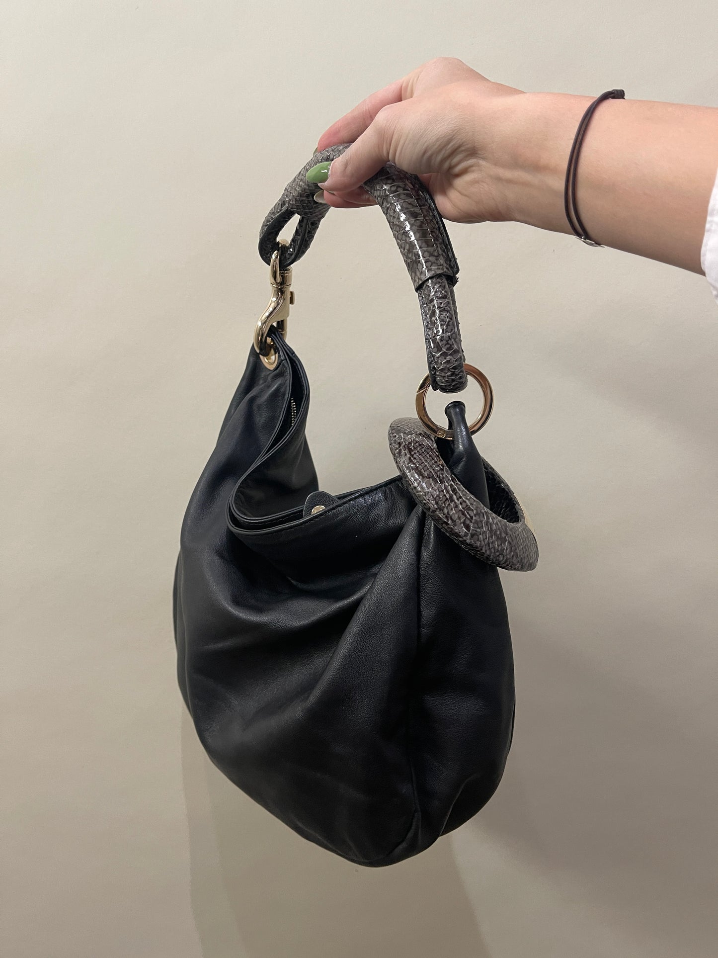 Jimmy Choo Black Leather Snakeskin Trim Sky Hobo Bag