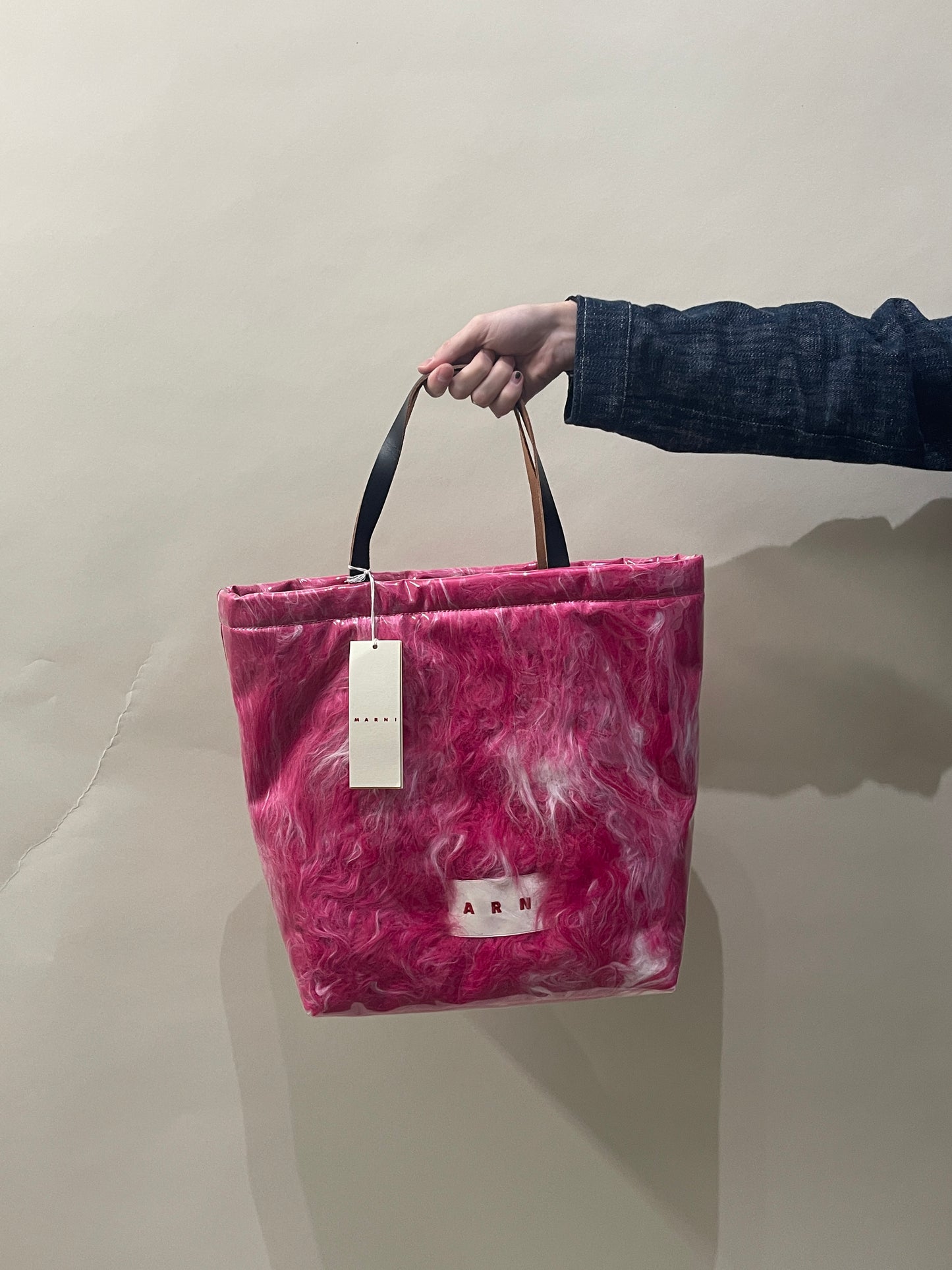 Marni Hot Pink Logo Patch Shearling Tote