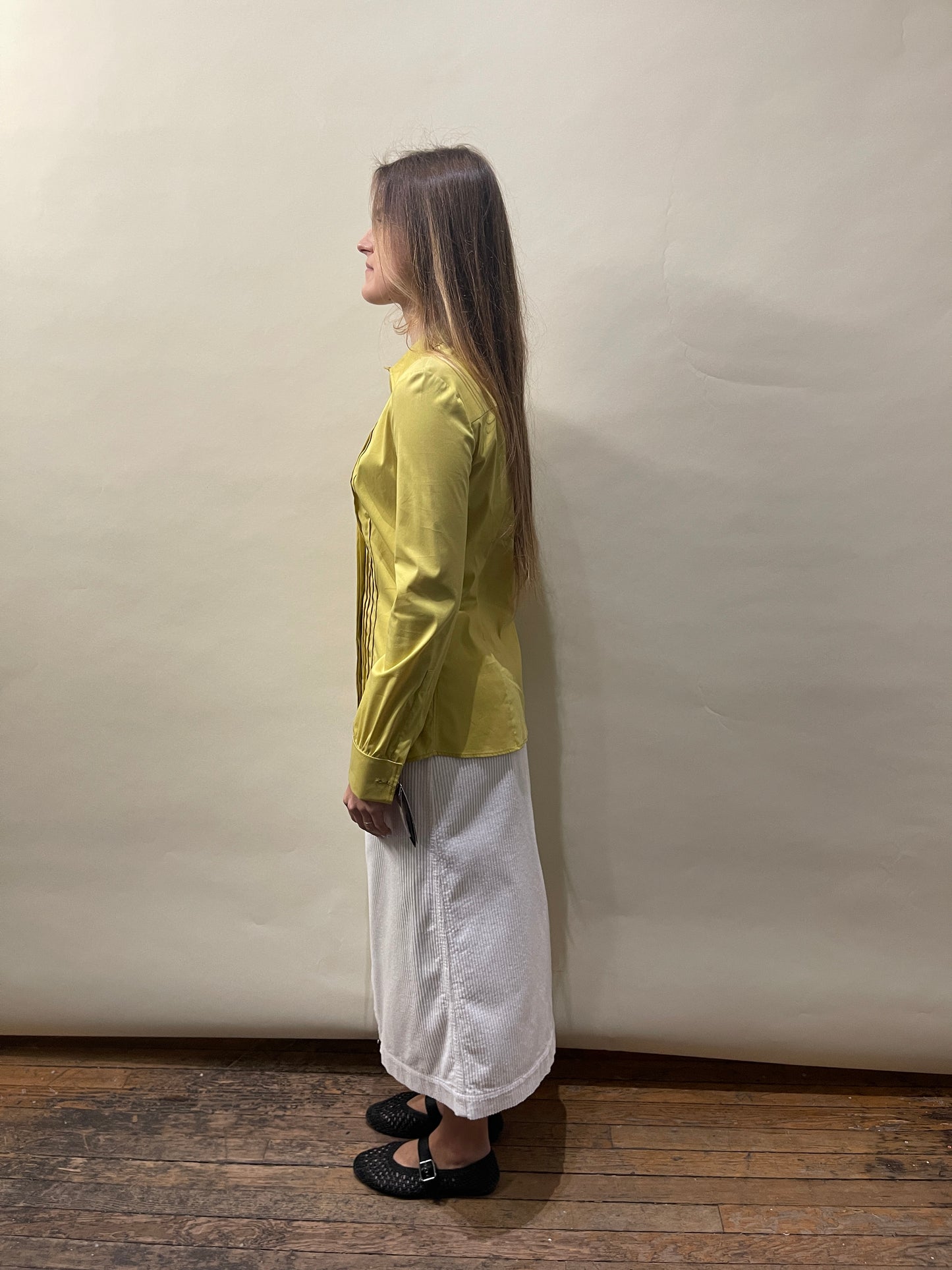 Gucci Yellow-Green Pleated Front LS Button Up Shirt 40