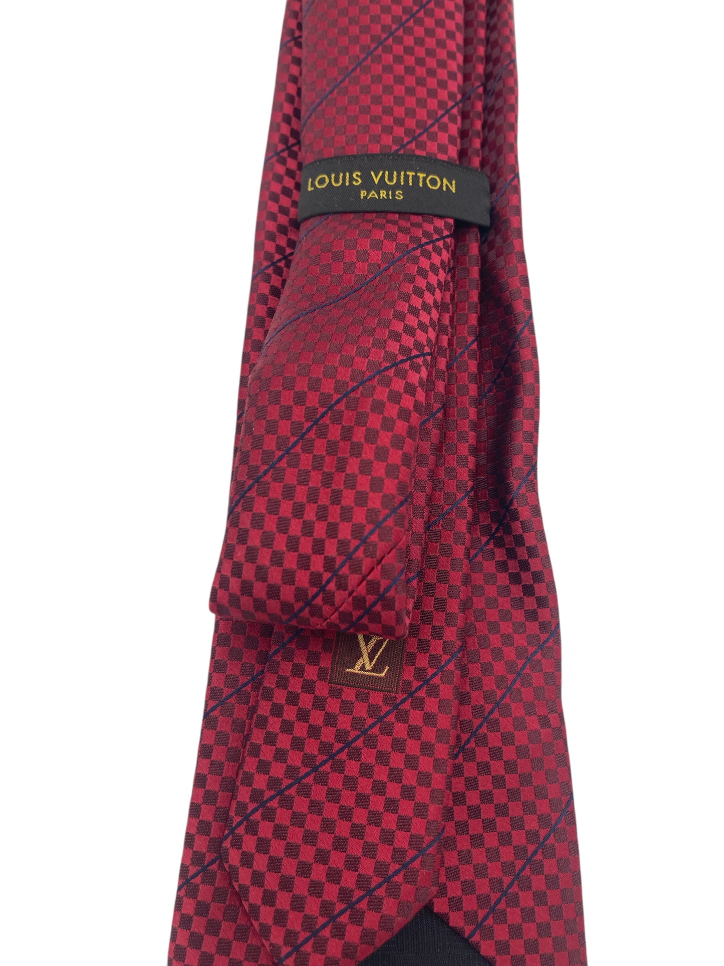 Louis Vuitton Red Checkered Blue Striped Silk Tie