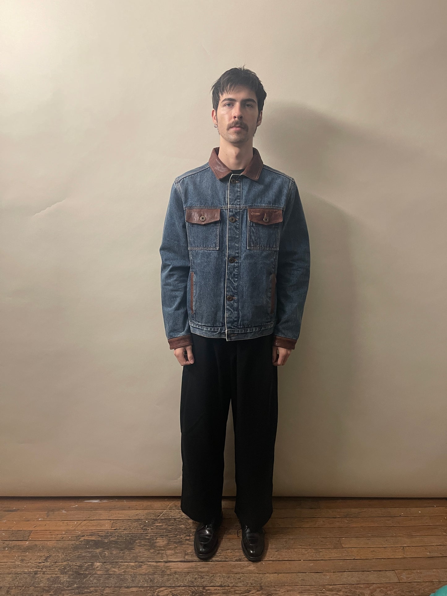 Mavericks of Scottsdale Mid Blue & Brown Denim & Leather Trucker Jacket Medium - M