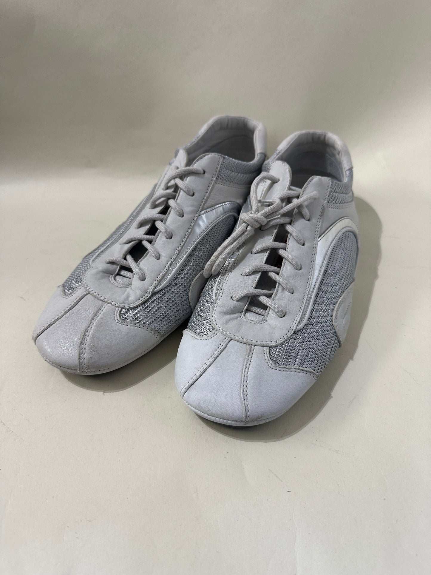 Prada White & Silver Montecarlo Flat Driving Sneakers 11 M / 12.5 W